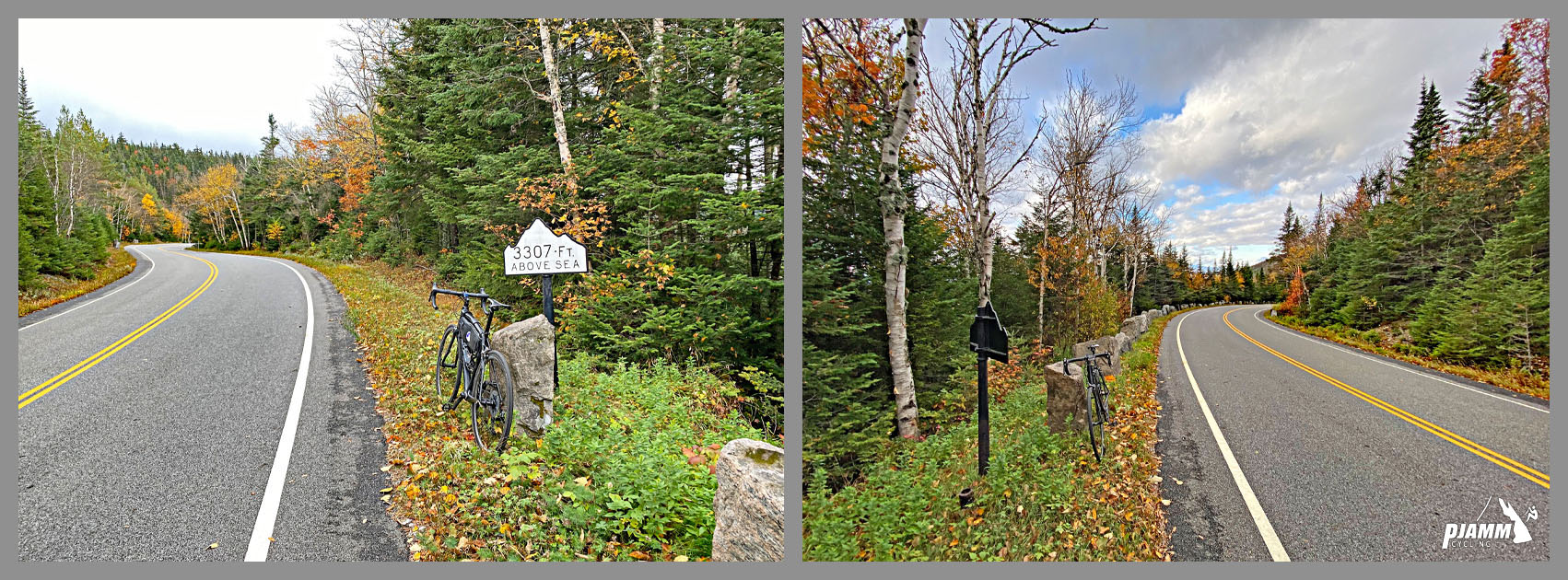 Cycling Whiteface Mountain, New York - bike parked along roadside next to white mountain shaped elevation marker sign, fall foliage