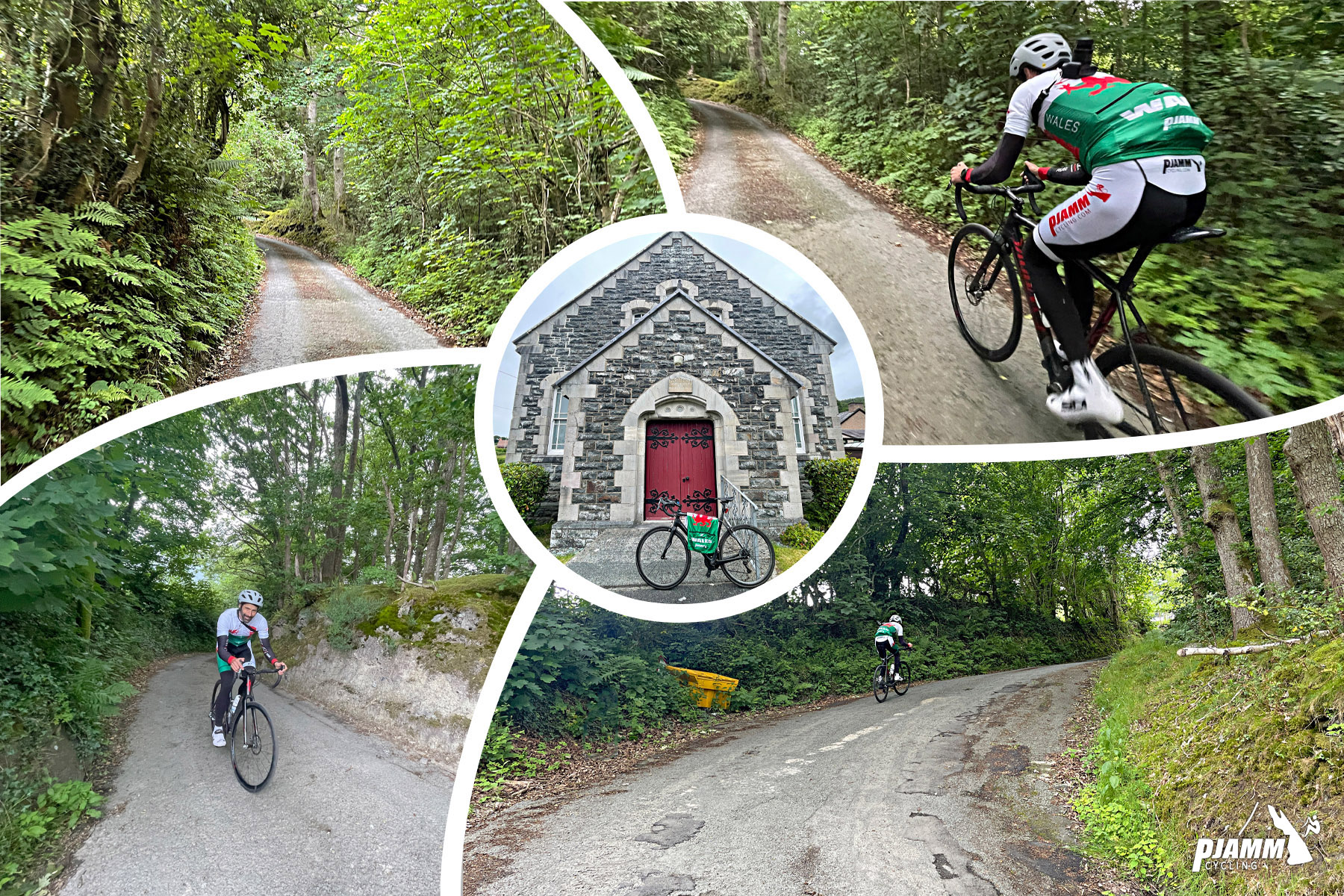 photo collage shows views along first half of climb, densely forested roadway, bike parked in front of old stone church
