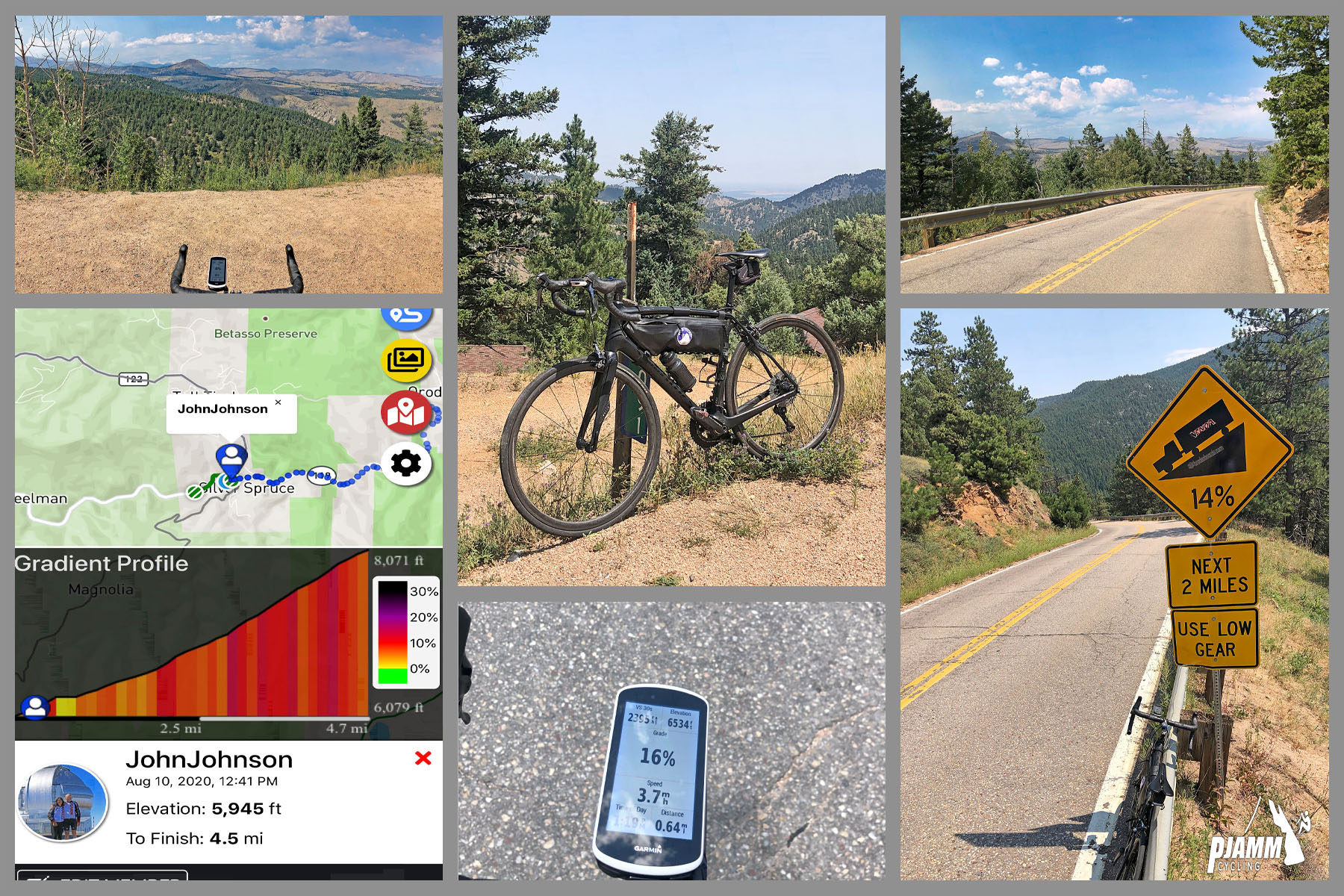Climbing Magnolia Drive, Boulder, Colorado - photo collage, PJAMM Cycling logo in corner, bike handlebars looking out over mountainside, climb gradient and map, bike parked along roadside near evergreen trees, Garmin reading 16%, bike parked along roadside next to sign for 14% grade, stretch of two-lane roadway