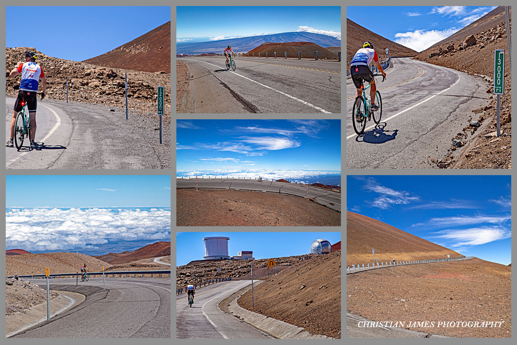 Cycling Mauna Kea from the West  - photo collage, cyclists riding toward climb finish, elevation signs read 13000 feet