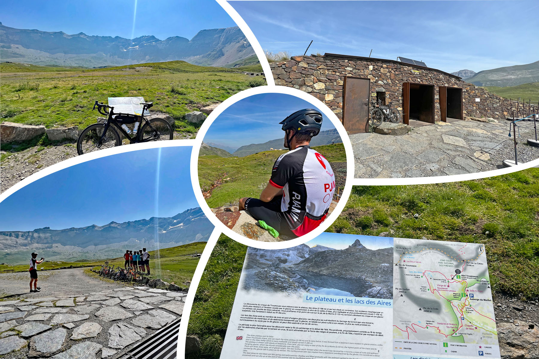 climb finish just below Cirque de Troumouse, stone building, green hillsides