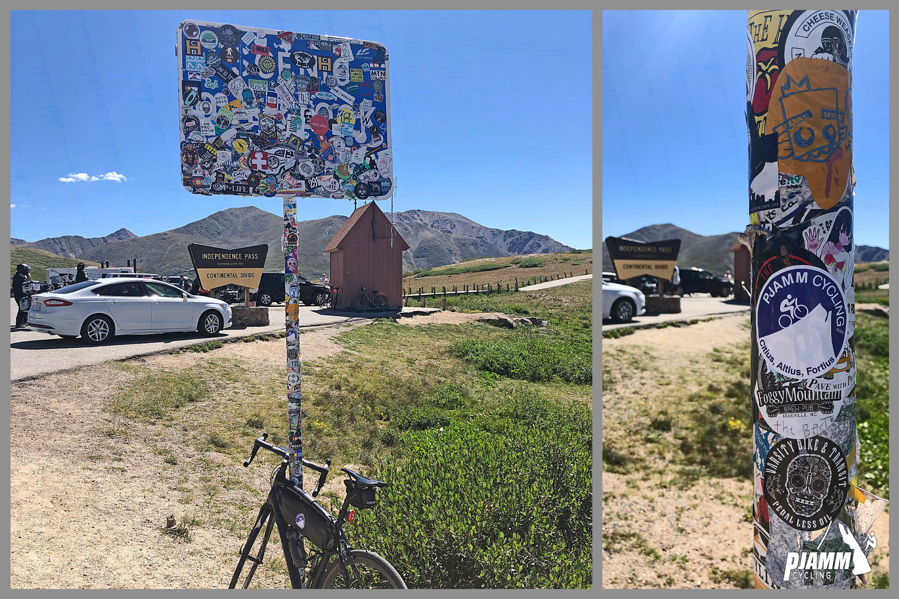 Cycling Independence Pass from Aspen, Colorado - photo collage, PJAMM Cycling logo in corner, road sign covered in stickers, close up of PJAMM Cycling sticker on road sign