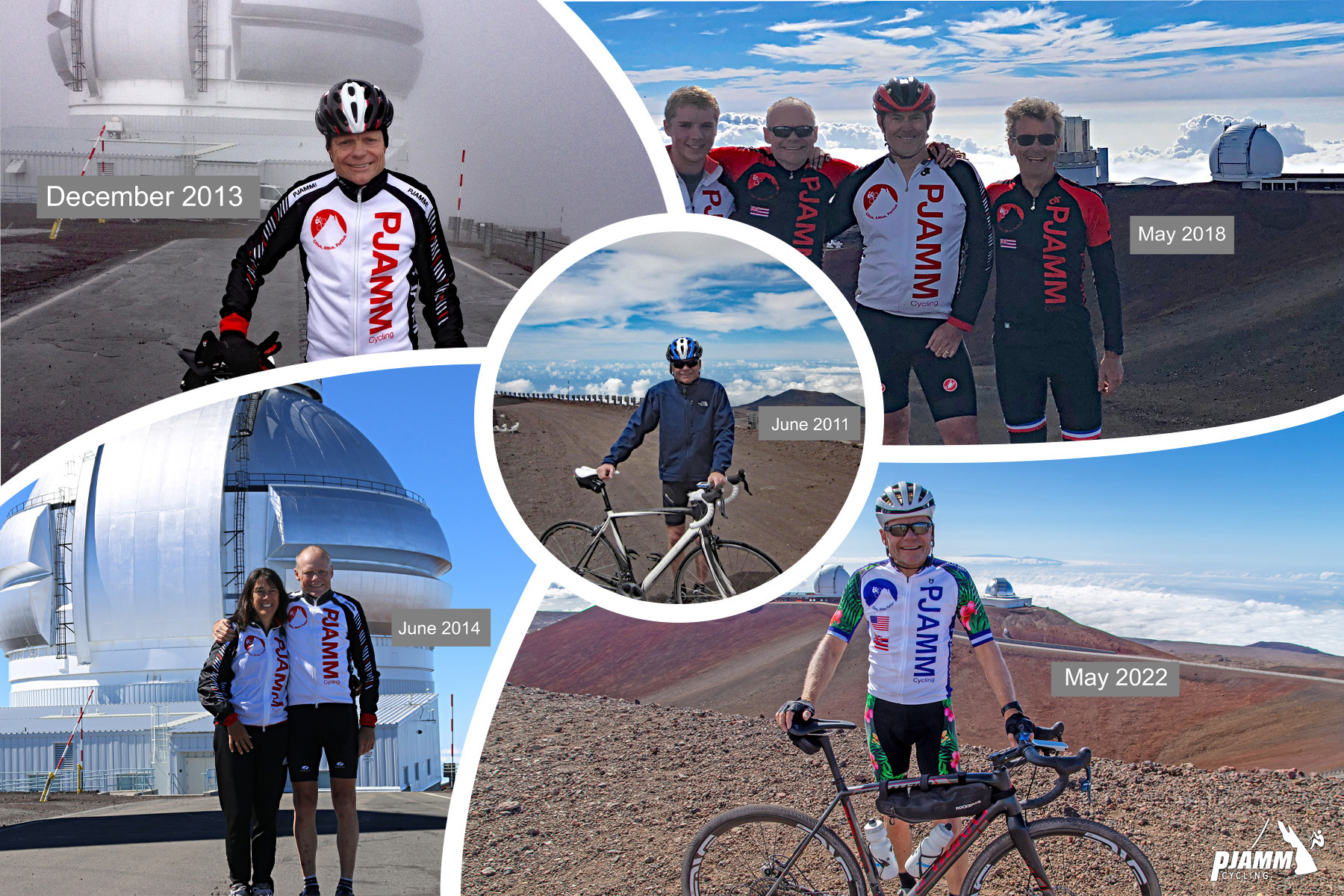 Photo collage shows PJAMM Cycling founder John Johnson on his five summits to the top of Mauna Kea, most recently in 2022 for his 65th birthday