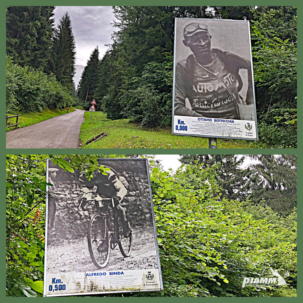 Cycling Monte Zoncolan from Sutrio - KM Markers for 0 km and .5 km, Ottavio Bottecchia and Alfredo Binda