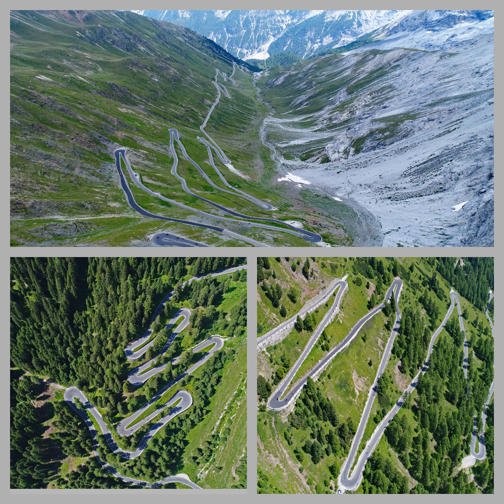 aerial drone views of hairpins along the route