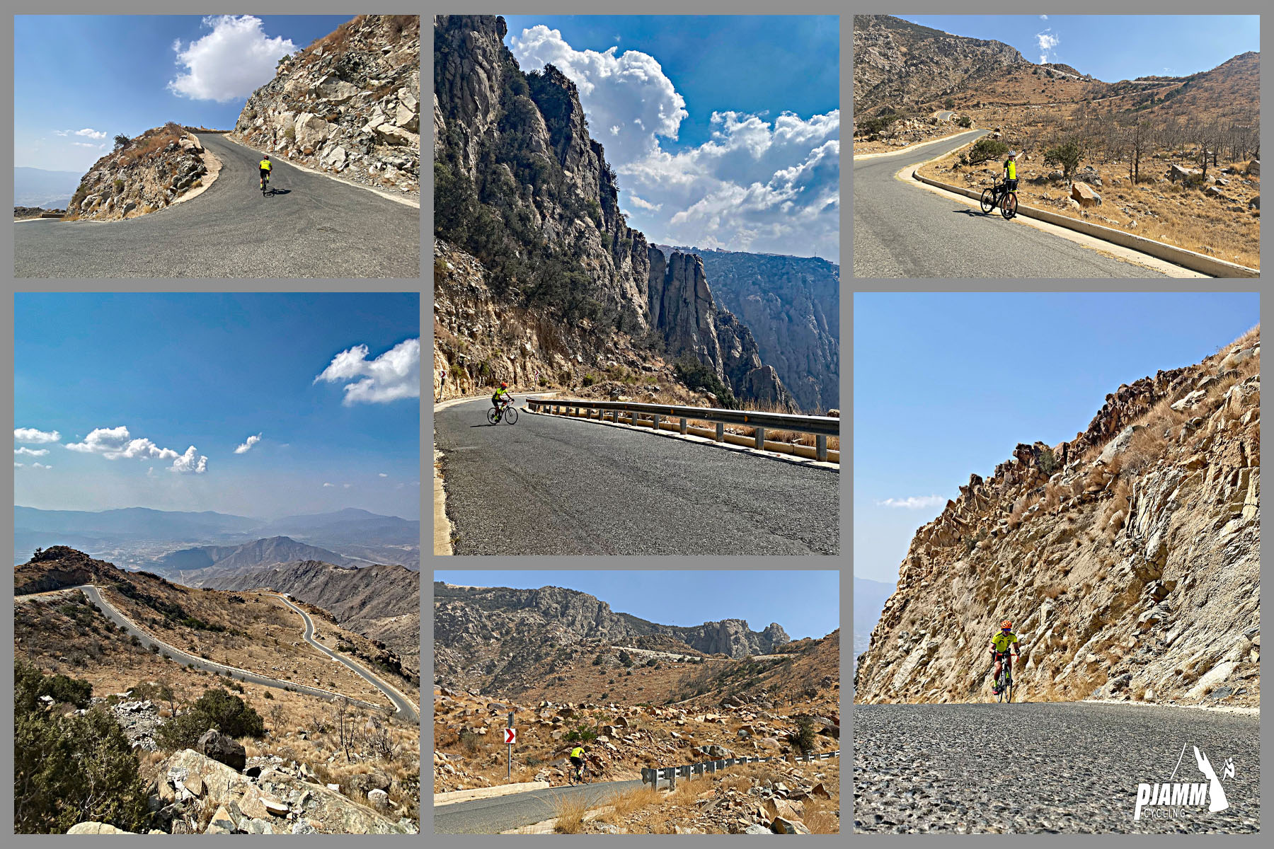 Cycling Baniamr Aquabah Pass, Saudi Arabia - photo collage shows PJAMM Cyclists as only two people on roadway, sharp, craggy rocks on mountainside, well paved mountain road, PJAMM Cycling logo in corner