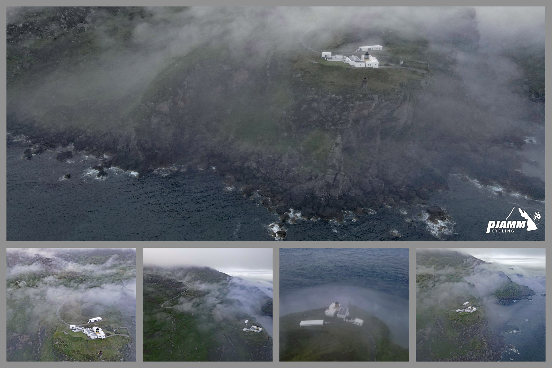 photo collage shows aerial drone view of the Mull of Kintyre lighthouse from the coastline