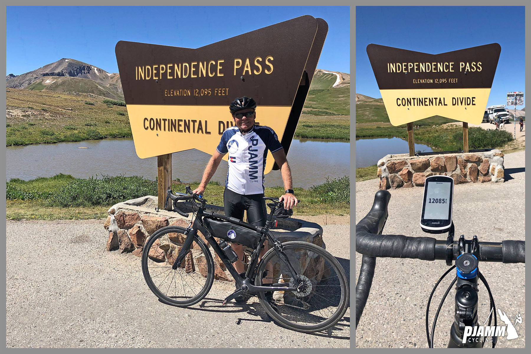Cycling Independence Pass from Aspen, Colorado - photo collage, PJAMM Cycling logo in corner, Cyclist John Johnson wearing PJAMM Cycling jersey and standing with bike in front of national parks service sign for Independence Pass, Continental Divide, handlebars of bike with Garmin showing 12,085 feet of elevation