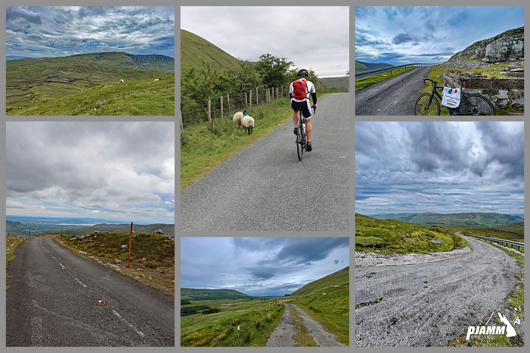photo collage shows views along the climb; green hillsides, sheep grazing, road in rough shape