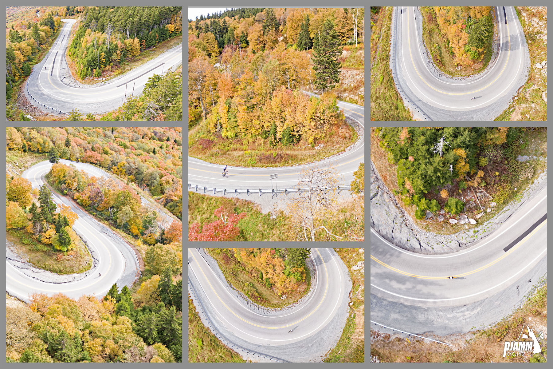 Cycling Snow Shoe Drive East, West Virginia - aerial drone footage shows dense fall foliage around many sharp turns in road along final segment of climb