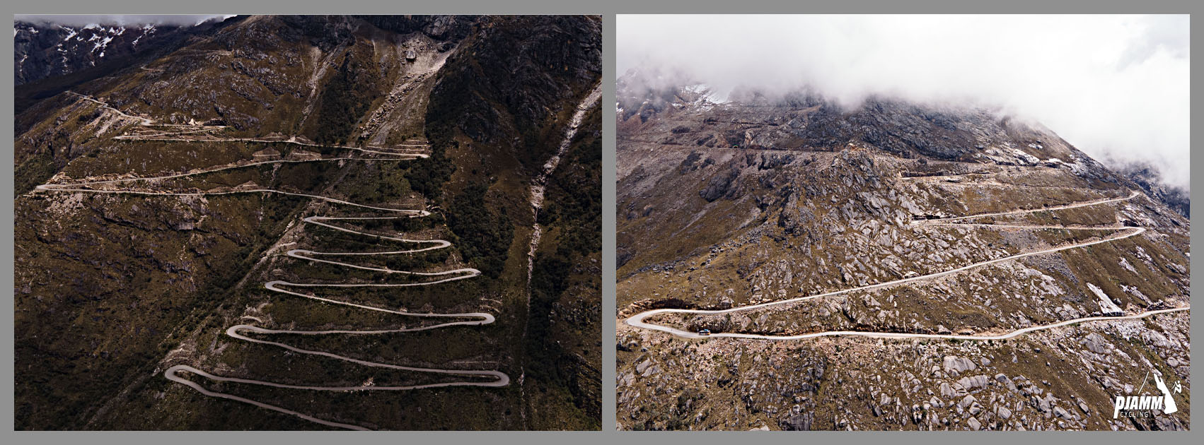 Aerial drone view of the huge set of hairpin turns, consisting of 7.3 miles at 5.2% grade, topping out at 15,514 feet