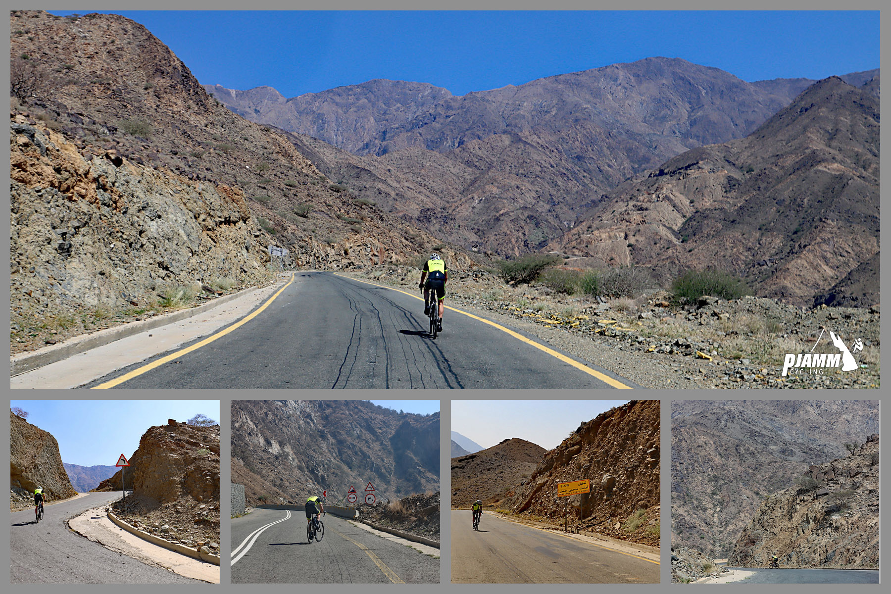 Cycling Beth-rah Pass, Asir Mountains, Saudi Arabia - photo collage of PJAMM Cyclist climbing up steep portions of the roadway