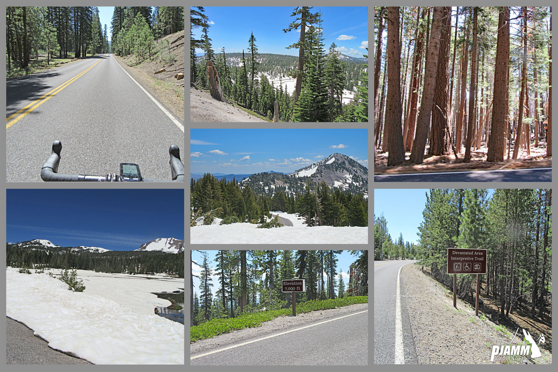 Cycling Mt. Lassen North, California - photo collage, PJAMM Cycling logo in corner, signs along climb route, snow covered ground overlooking mountains, thick evergreen forestation, bike on straight portion of two-lane highway