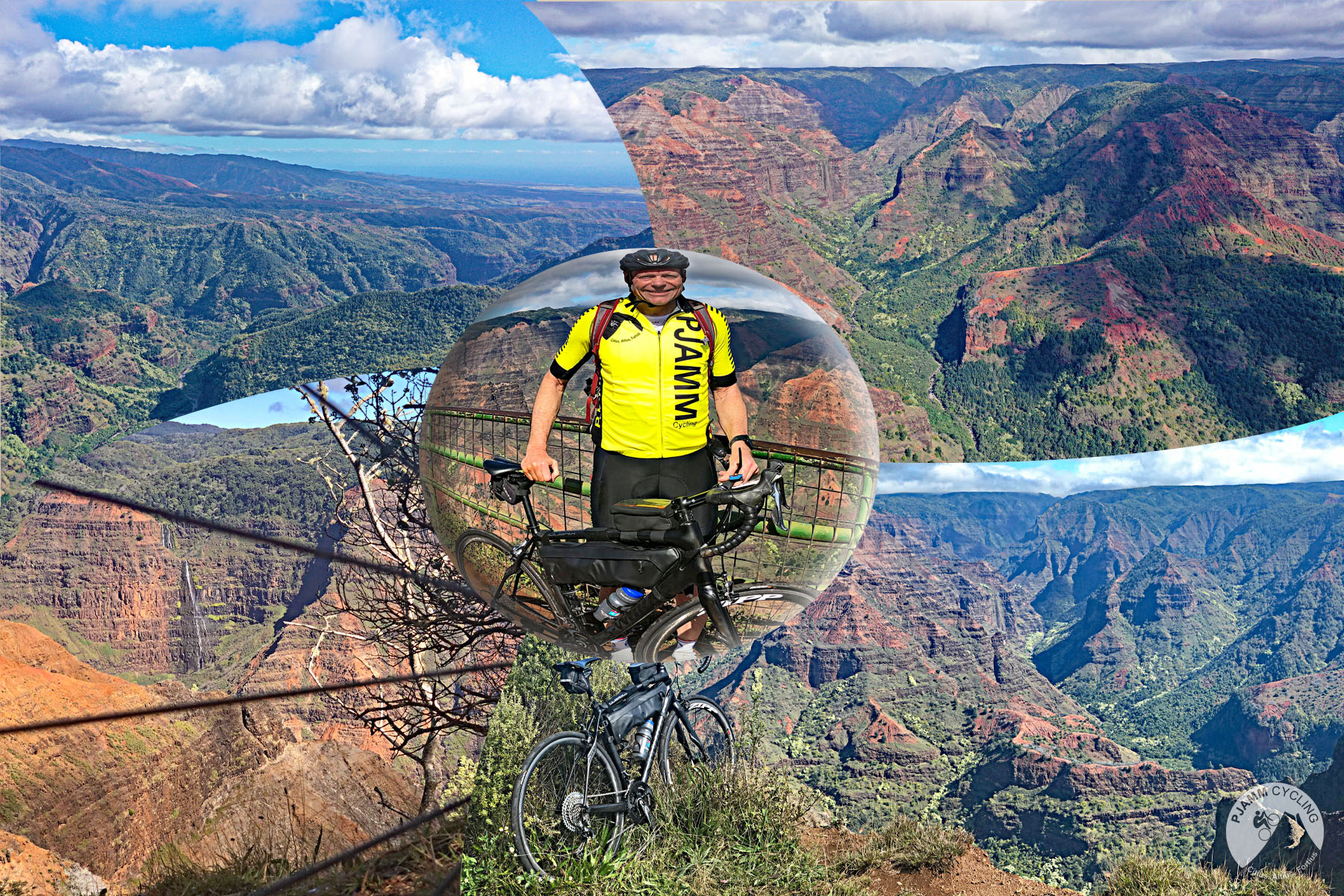 photo collage shows views of Waimea Canyon, and PJAMM Cyclist John Johnson standing with his bike at lookout point