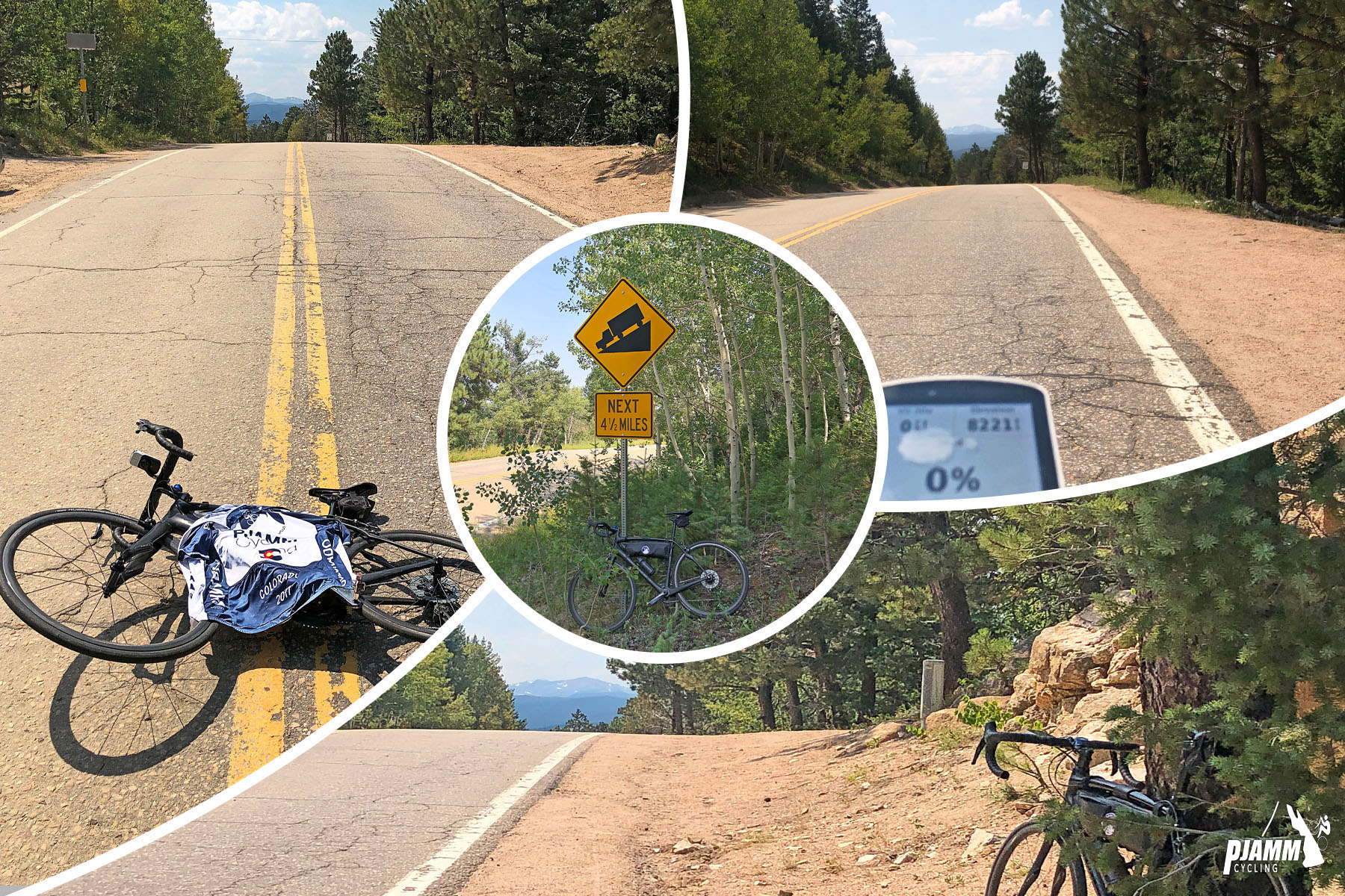 Climbing Magnolia Drive, Boulder, Colorado - photo collage, PJAMM Cycling logo in corner, bike laying down in center of two-lane roadway with PJAMM Cycling jersey draped over it, bike parked next to road sign for steep roadway, bike parked against pine tree on roadside