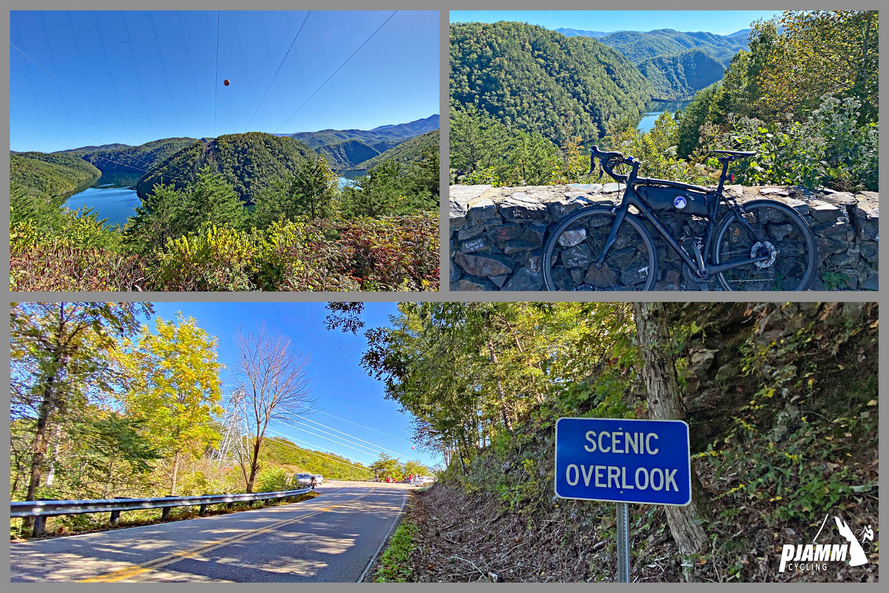 Cycling Tail of the Dragon, Tennessee  - bike parked against stone retaining wall at Tail of the Dragon Scenic Overlook