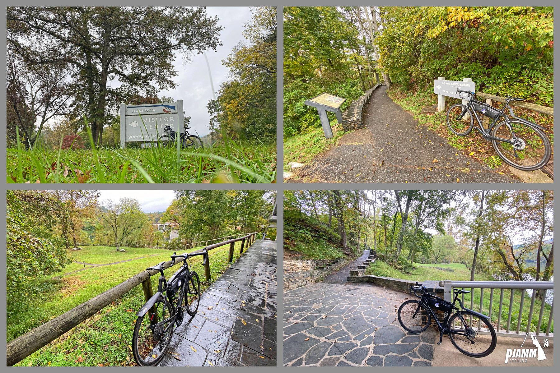 Cycling Thunder Ridge, Blue Ridge Parkway, Virginia - photo collage, bike parked against wooden railing on wet stone-paved walkway, James River Visitor Center, PJAMM Cycling logo in corner