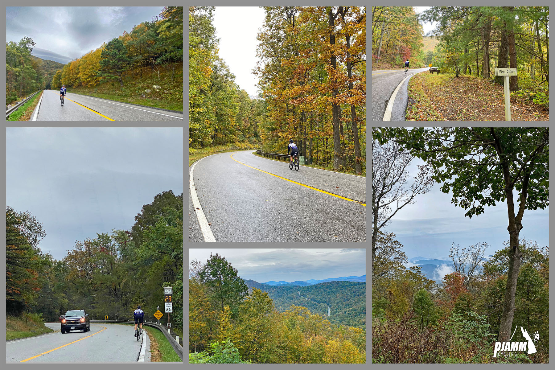 Cycling Wintergreen, Virginia - views along two-lane roadway, surrounded by fall foliage, PJAMM Cycling logo in corner