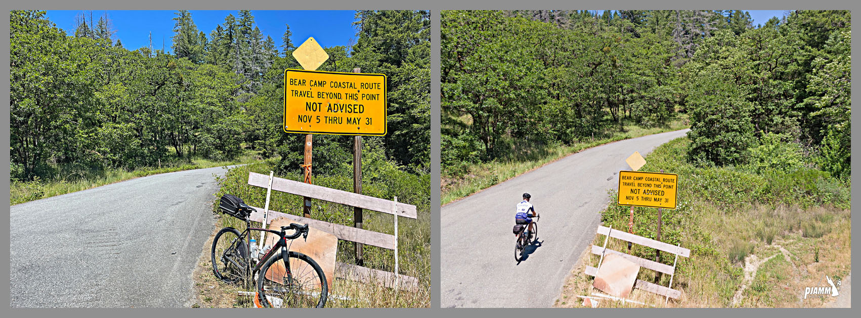 Cyclist rides at beginning of climb near sign that says "Bear Camp Coastal Route Travel Beyond This Point Not Advised Nov 5 thru May 31