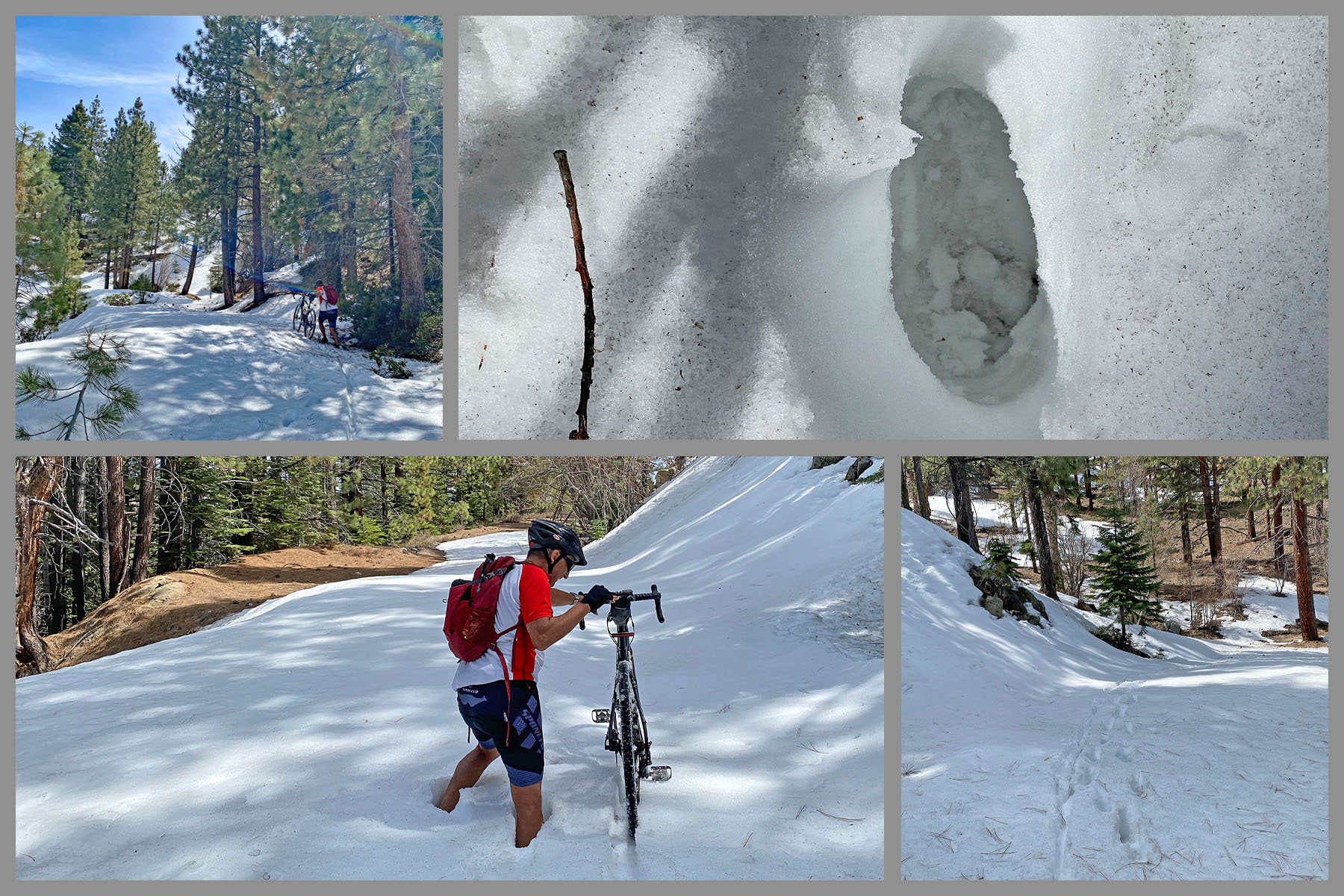 Cycling Old Clear Creek Road, NV - cyclists walk bikes through very thick snow on roadway