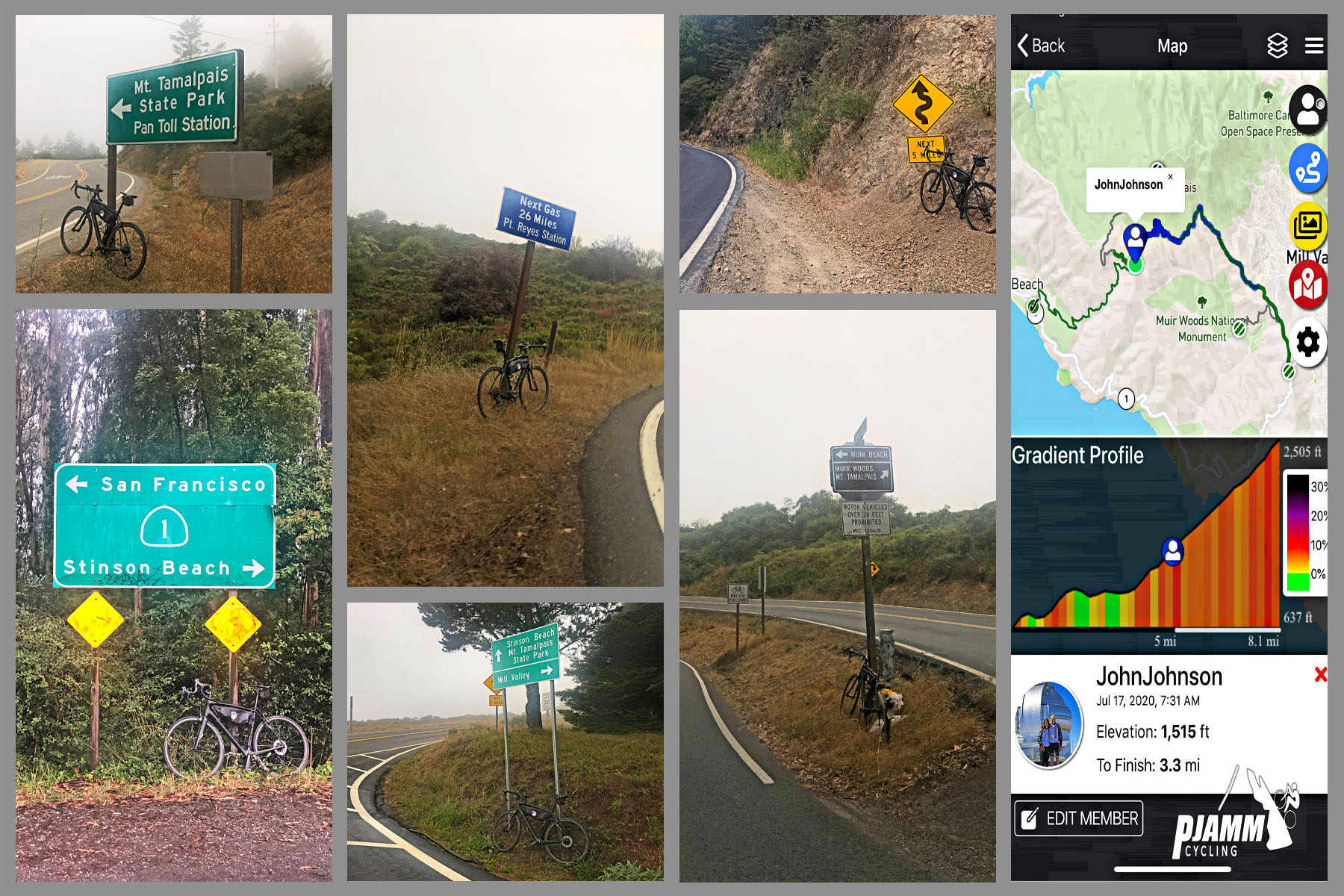 Cycling Mt. Tamalpais from Panoramic Highway South - photo collage, PJAMM Cycling logo in corner, bike parked against various roadsigns along the climb route, map of climb route and climb gradient