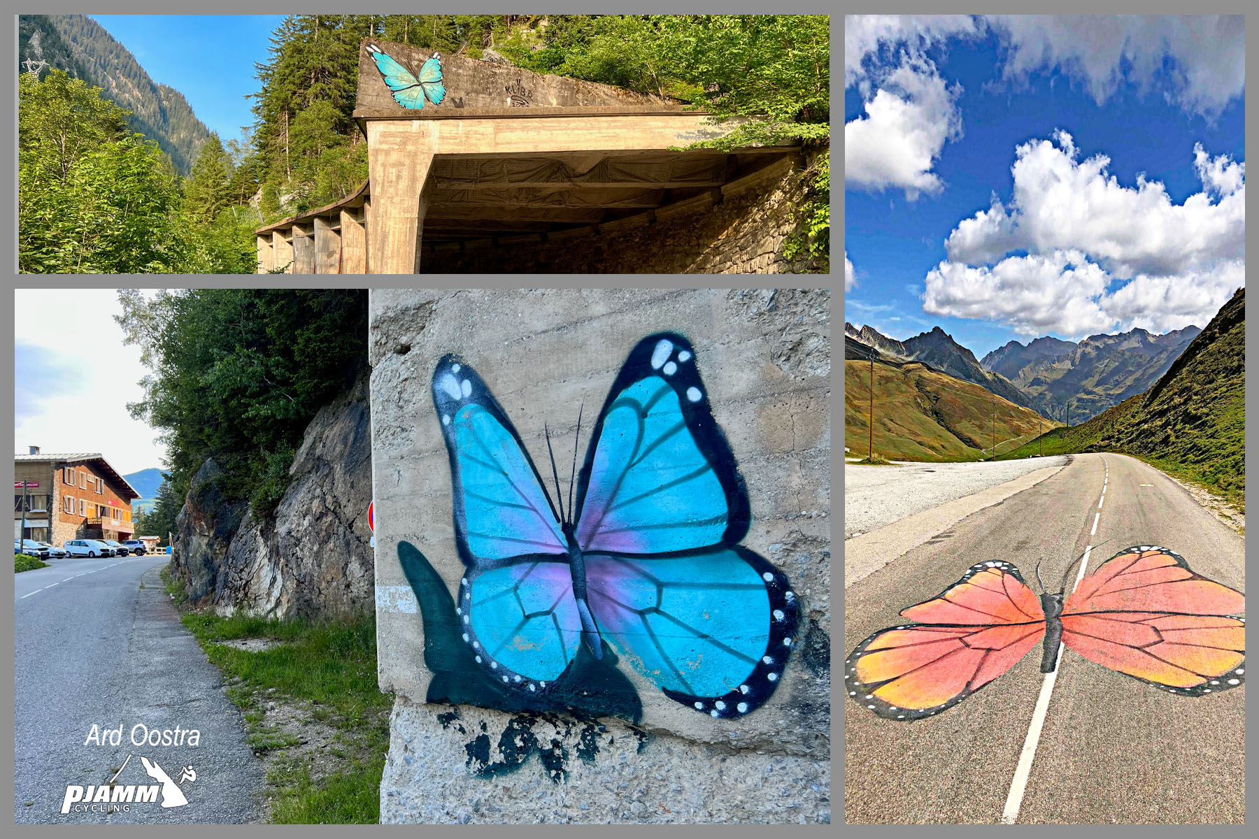 photo collage shows bright orange and blue butterflies painted on roadway and concrete walls along climb route
