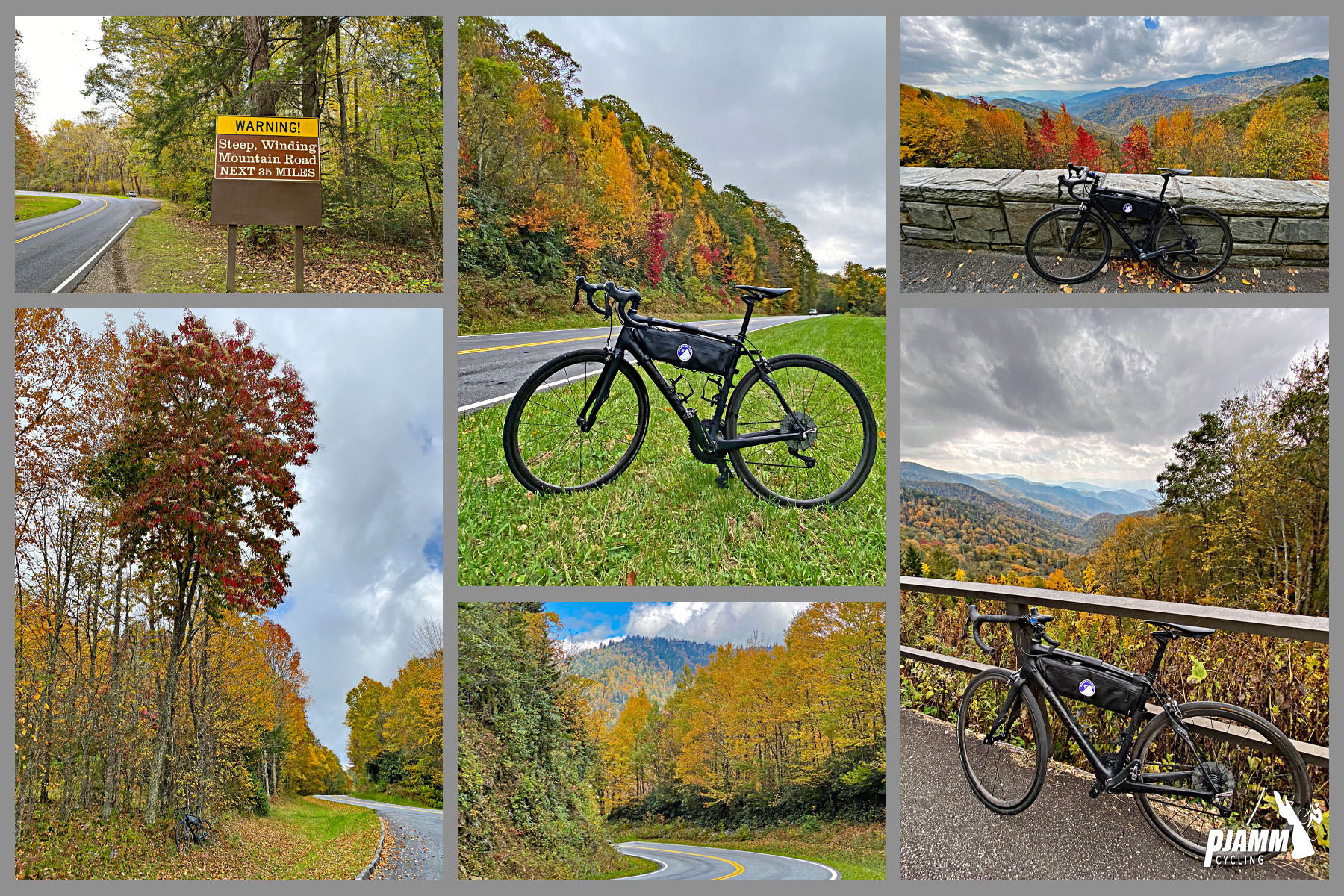 Cycling Clingmans Dome, North Carolina - bike parked along various points along the Clingmans Dome bike climb, fall colors, PJAMM Cycling logo in corner