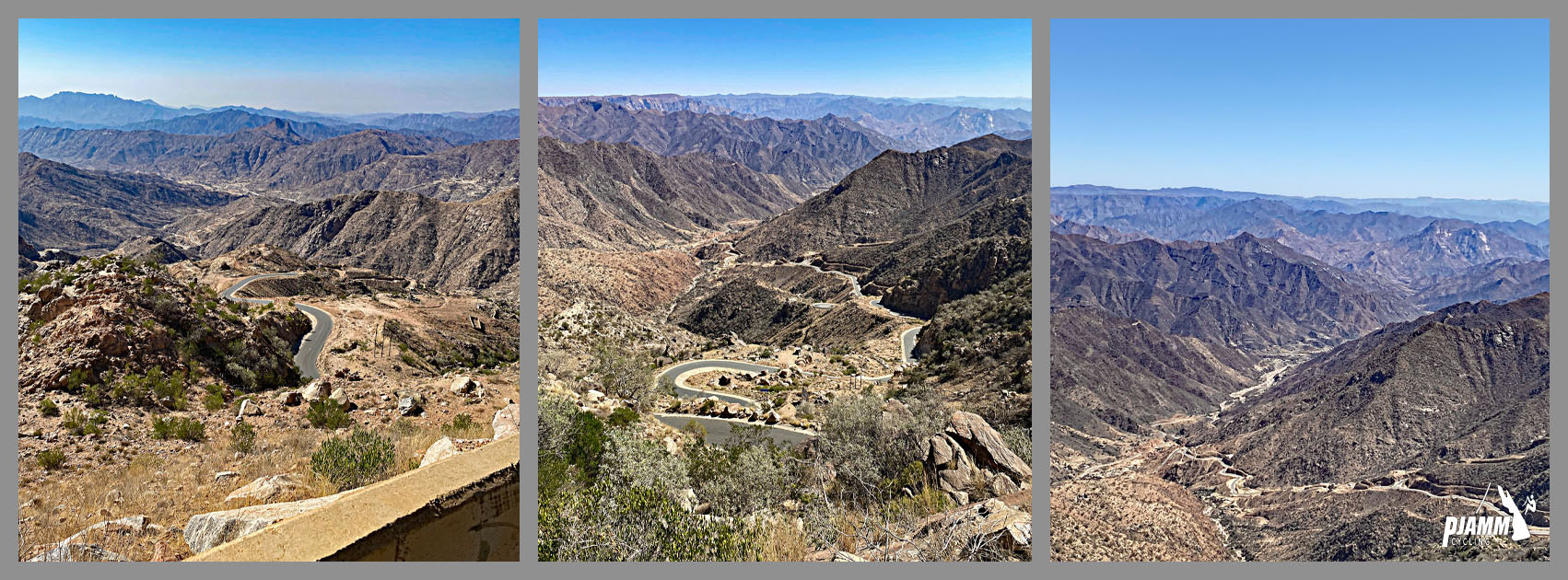 Cycling Rdom Pass, Asir Mountains  - views looking down at the steep mountain range below, no trees obstruct the view, just stark, rocky terrain