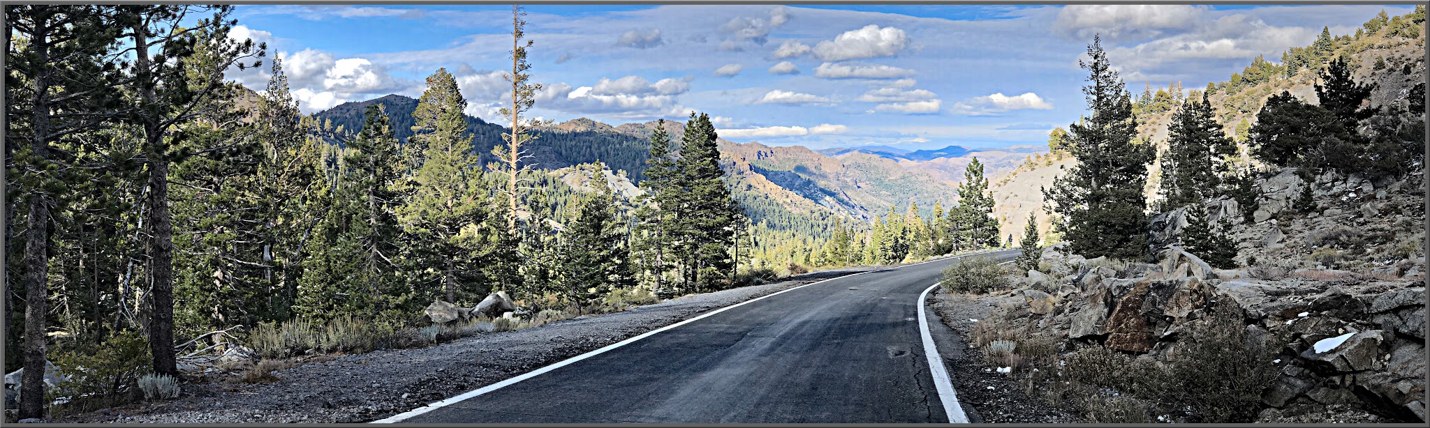 Panoramic view looking down on Pacific Grade, one-lane mountain road, pine trees, alpine setting, blue sky and white clouds in distance
