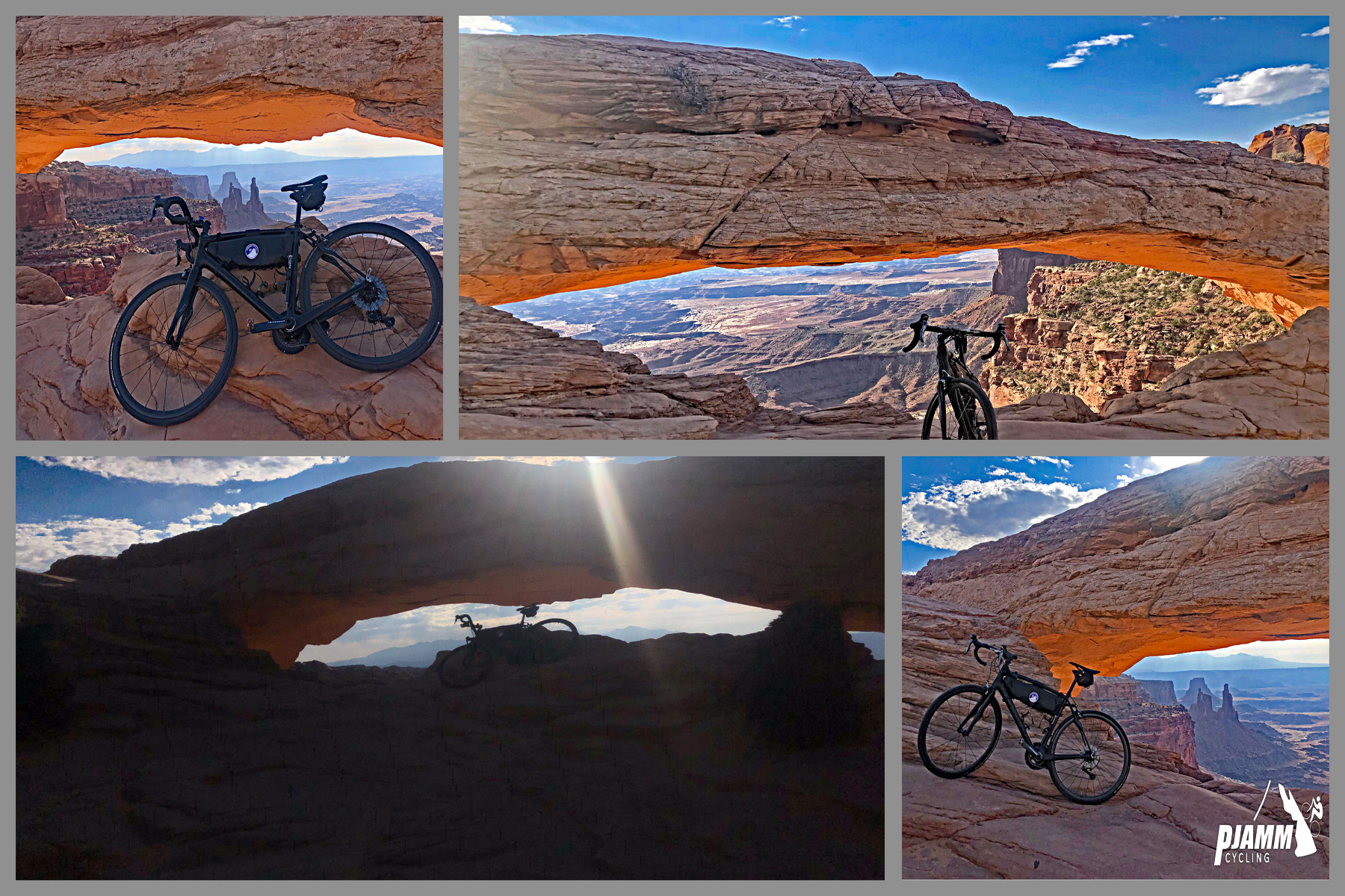 Cycling Canyonlands National Park Cycling Canyonlands National Park - views along Mesa Arch Trail, bike parked under natural stone archway, photo collage, PJAMM cycling logo in corner