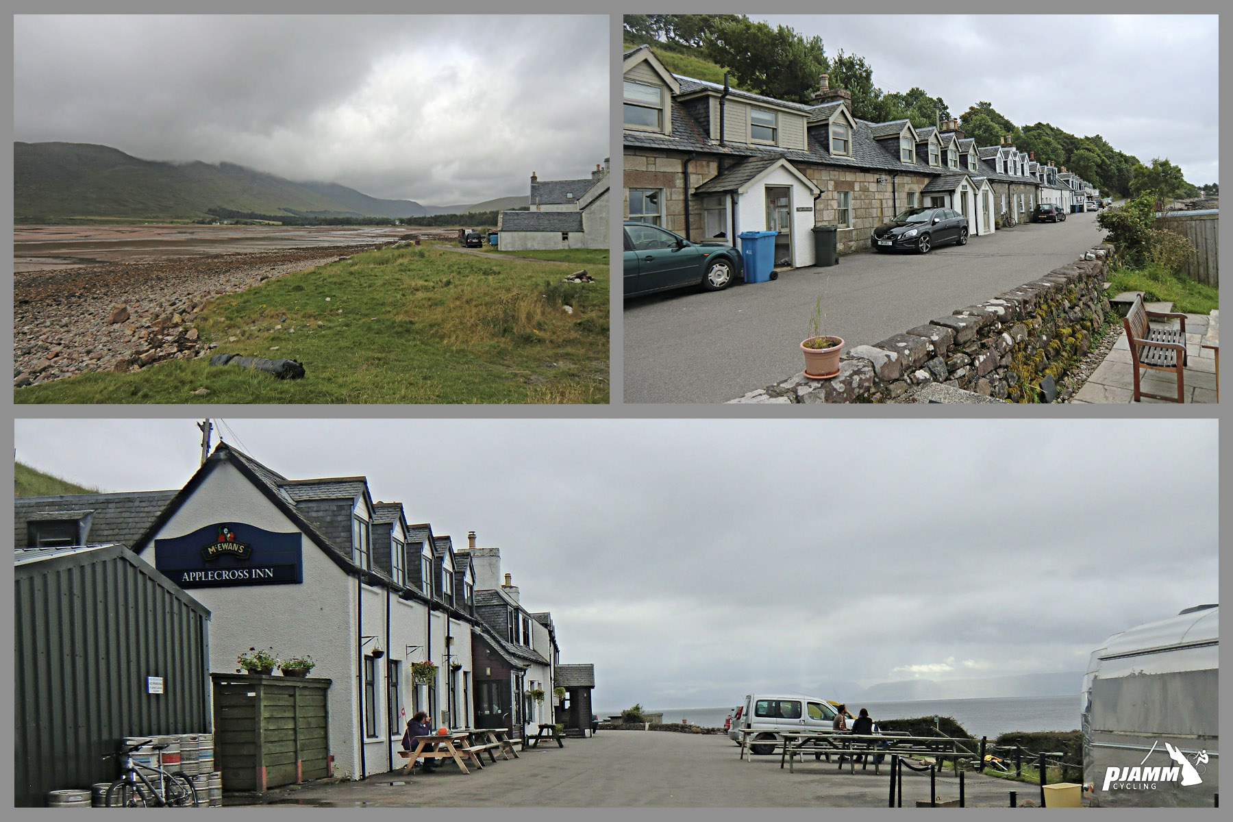 photo collage shows views of tiny village of Applecross, Highlands, Scottland; old white and stone buildings, grey sky
