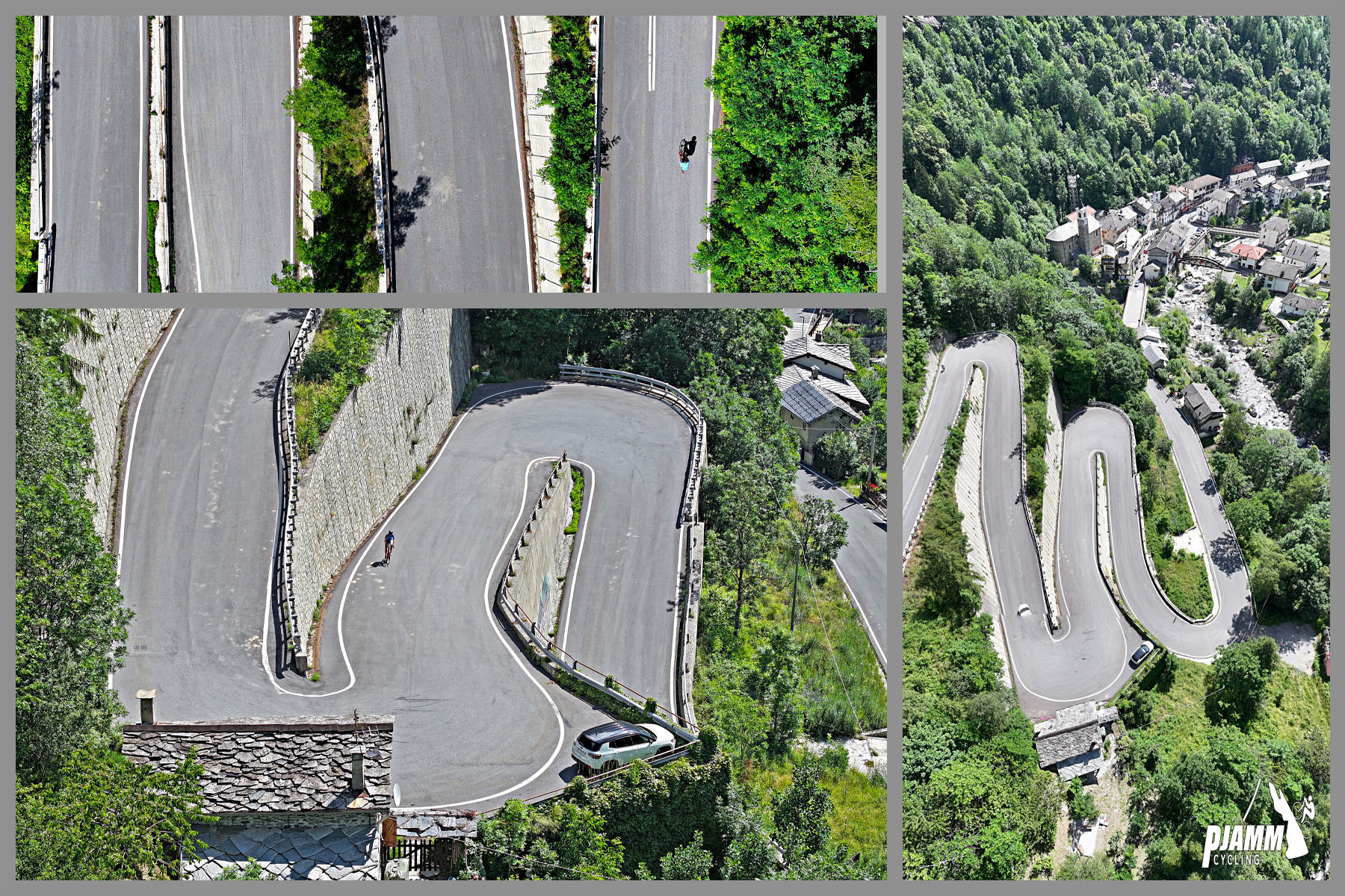 Cycling Colle de Nivolet, Italy - photo collage shows aerial drone views of hairpin turns in Planchette, kilometer 13.4