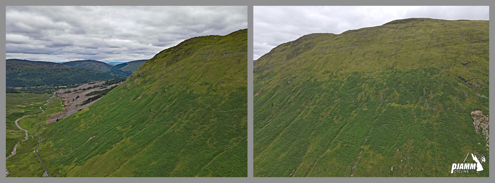 aerial drone view of green hillsides