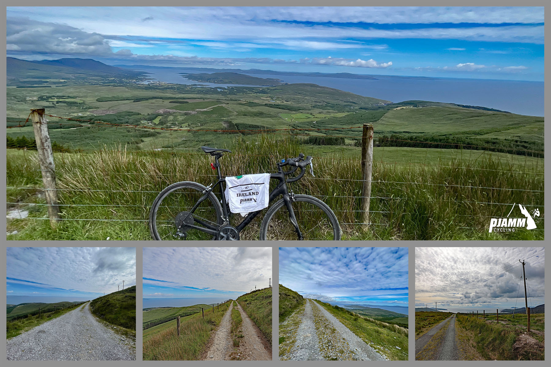 photo collage shows rough gravel roadway, bike parked against wire fence looking down over green hills and pastures