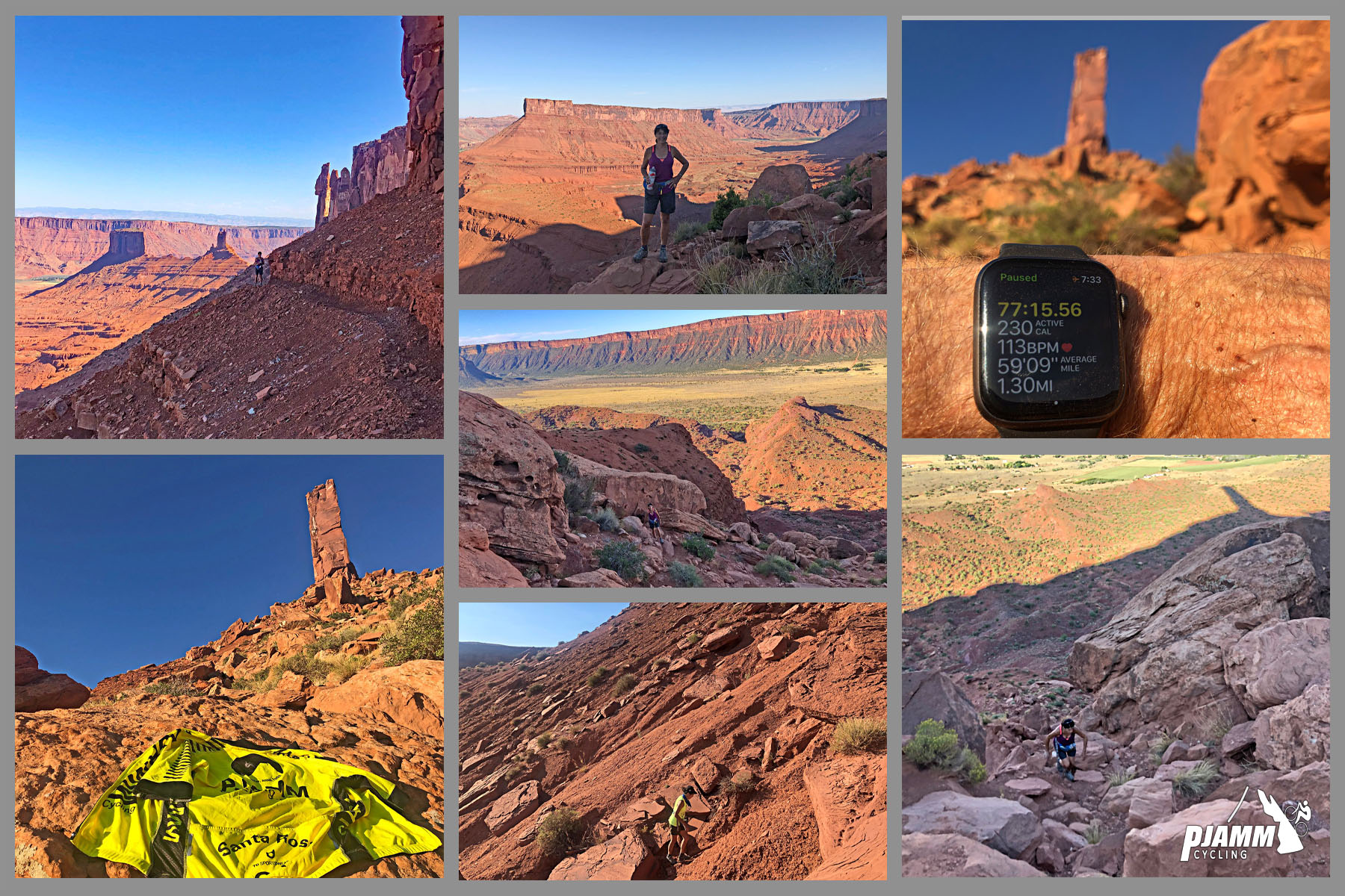 Cycling La Sal Loop Road at Castle Valley - photo collage, PJAMM Cycling logo in corner, views along Castleton Tower climb, red dirt, red bluffs, hiker climbing over extremely rocky portion of trail, yellow PJAMM Cycling jersey draped over rocks