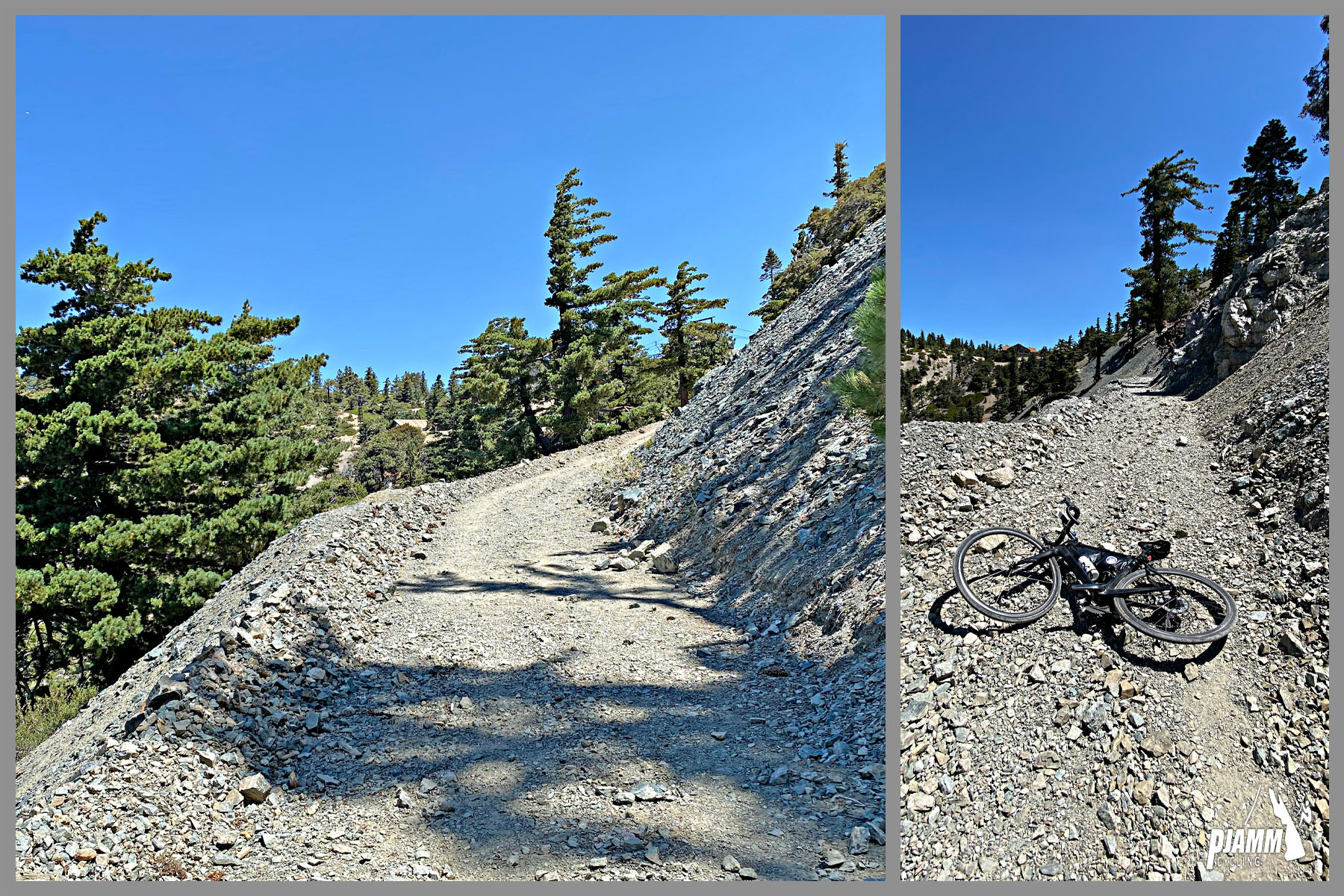 Loose gravel on a narrow alpine mountain roadway, Bike laying down on side of gravel roadway