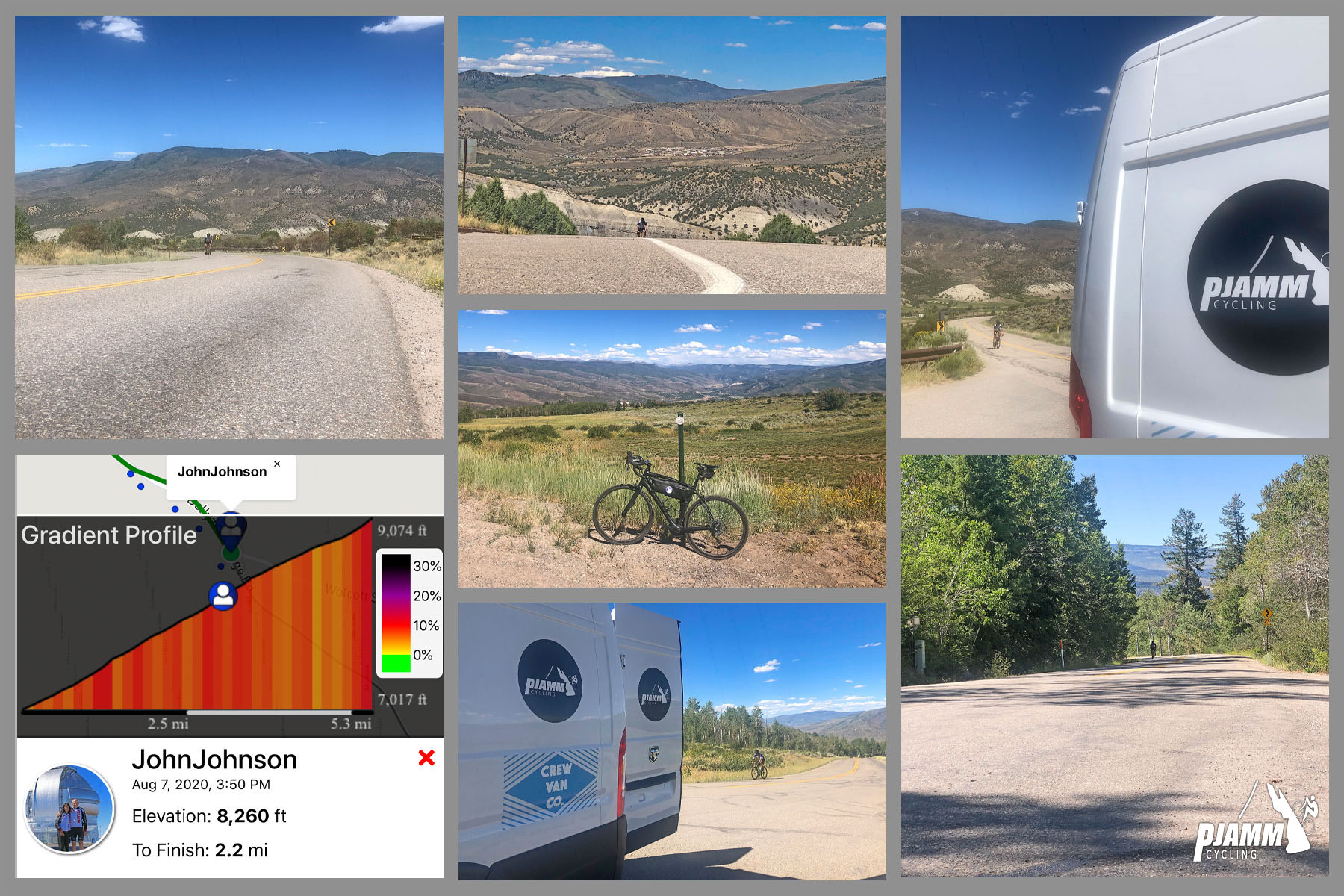 Cycling Bellyache Ridge, Colorado - photo collage, PJAMM Cycling logo in corner, views along the climb of stretches of roadway surrounded by low, brown mountains, PJAMM Cycling white SAG van, climb gradient profile