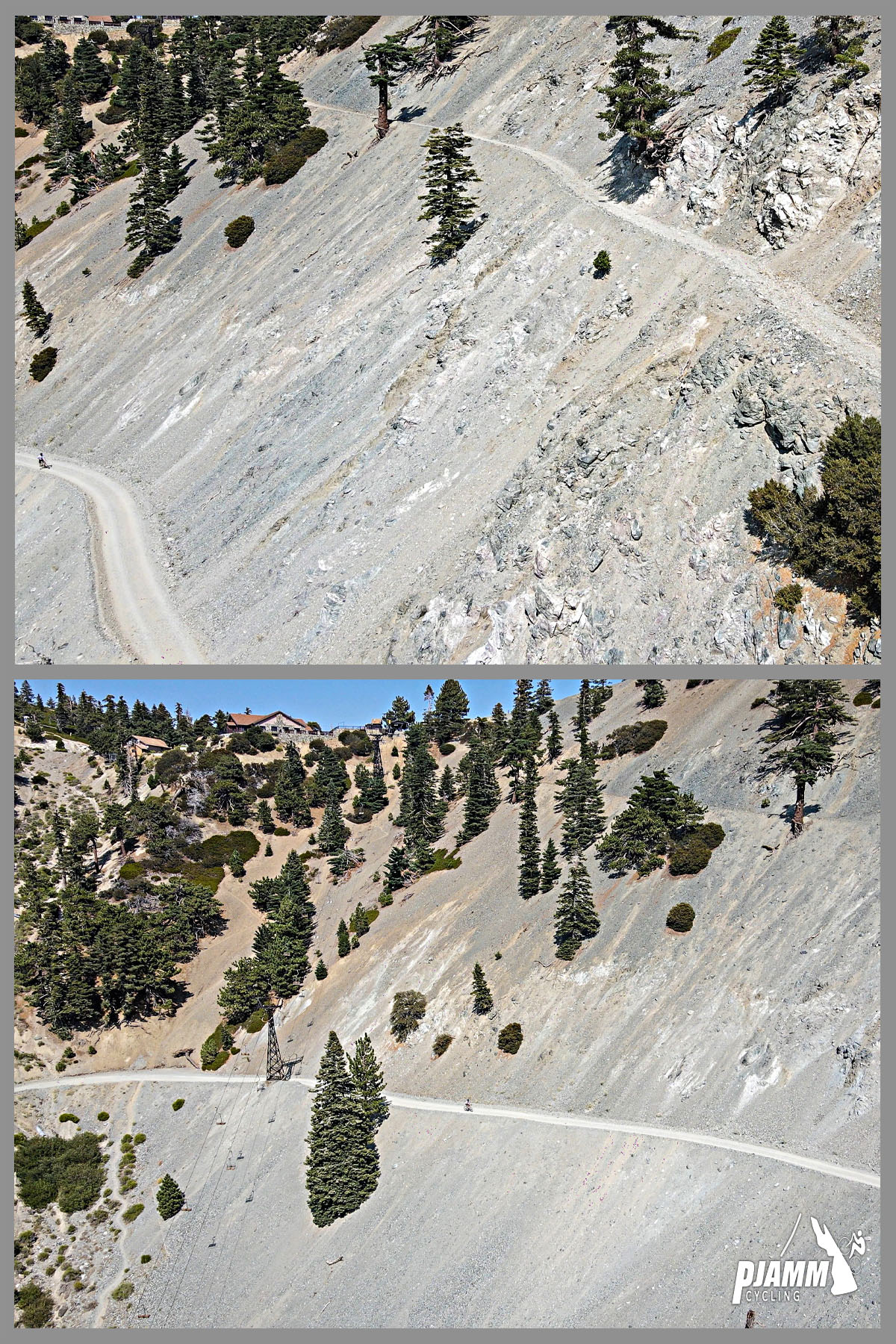 Photo collage shows drone photo footage of PJAMM Cyclist riding up the 2.8 mile segment of gravel road on the Mt. Baldy bike climb