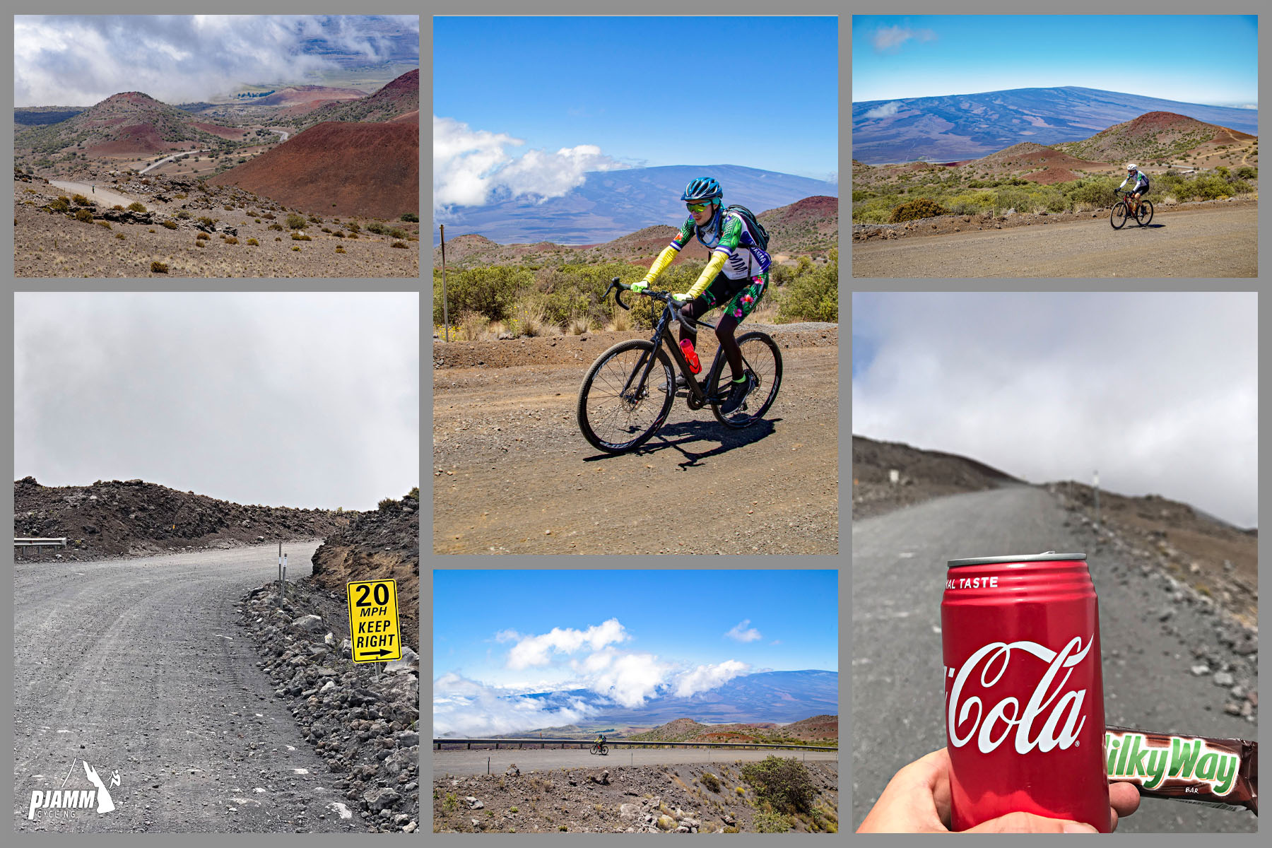 photo collage shows PJAMM Cyclists riding along gravel portion of roadway