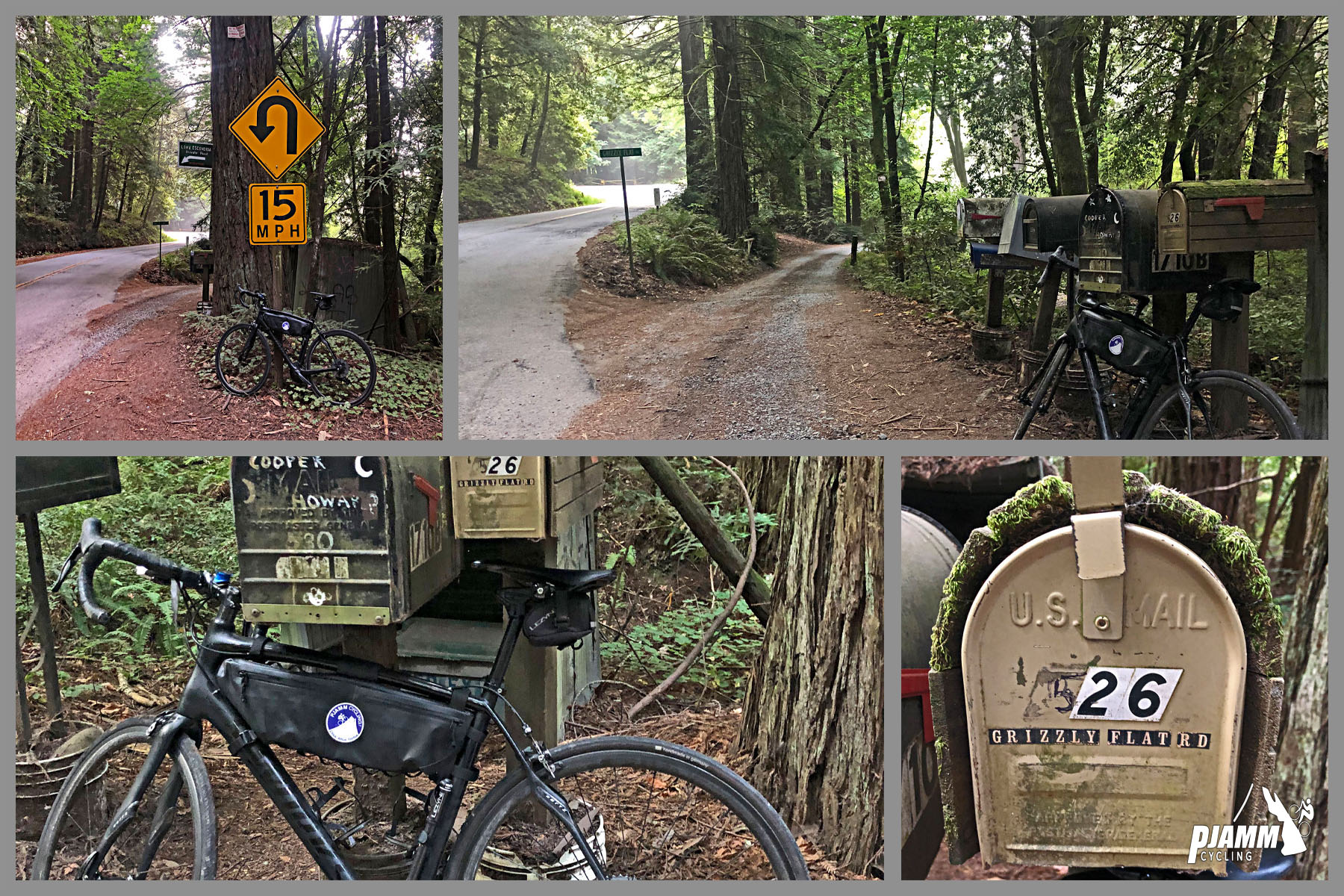 Cycling Eureka Canyon, Santa Cruz Mountains - bike leaning against yellow road sign noting 15 MPH speed limit along winding road, bike leaning against rustic mailboxes, dense tree coverage