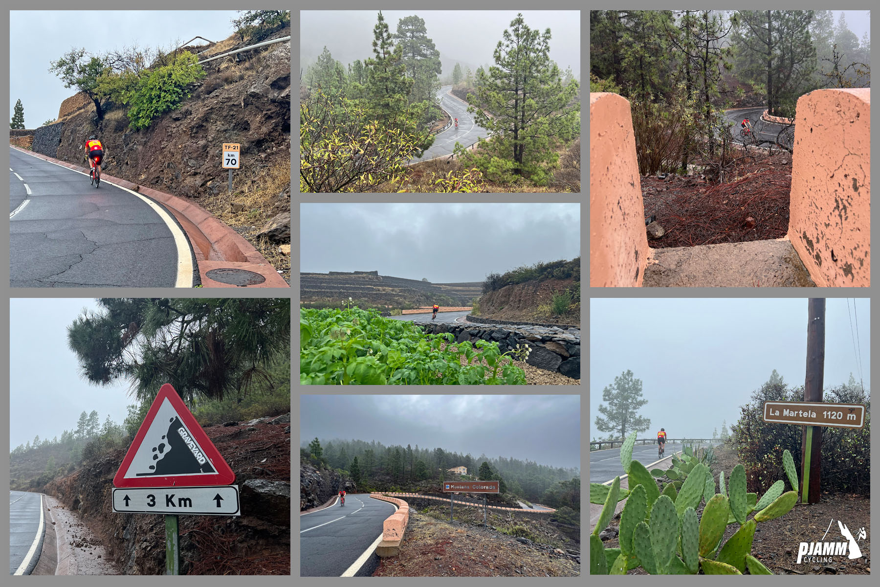 photo collage shows route from TF-21, alpine setting, signs warning of falling rock
