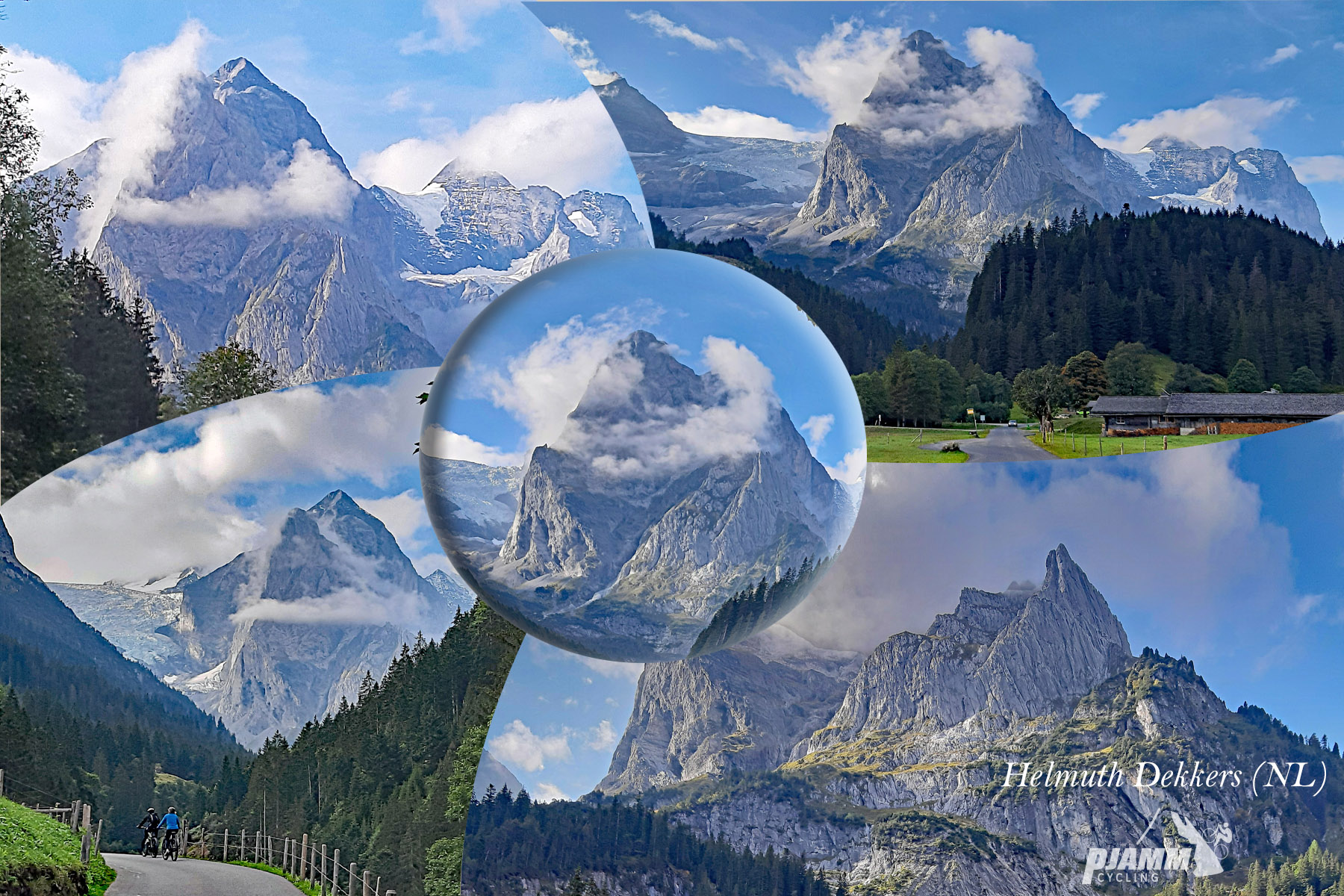 Cycling Grosse Scheidegg, Switzerland - photo collage, PJAMM Cycling logo in corner, Wetterhorn swiss mountain with clouds surrounding it