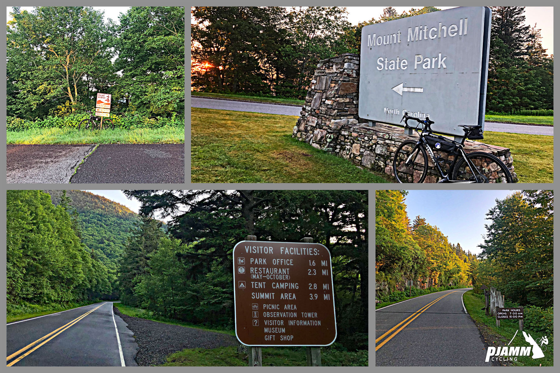 Climbing Mt. Mitchell by bike - photo collage, Mt. Mitchell State Park sign, bike leaning against sign, foliage lined road with Visitor sign