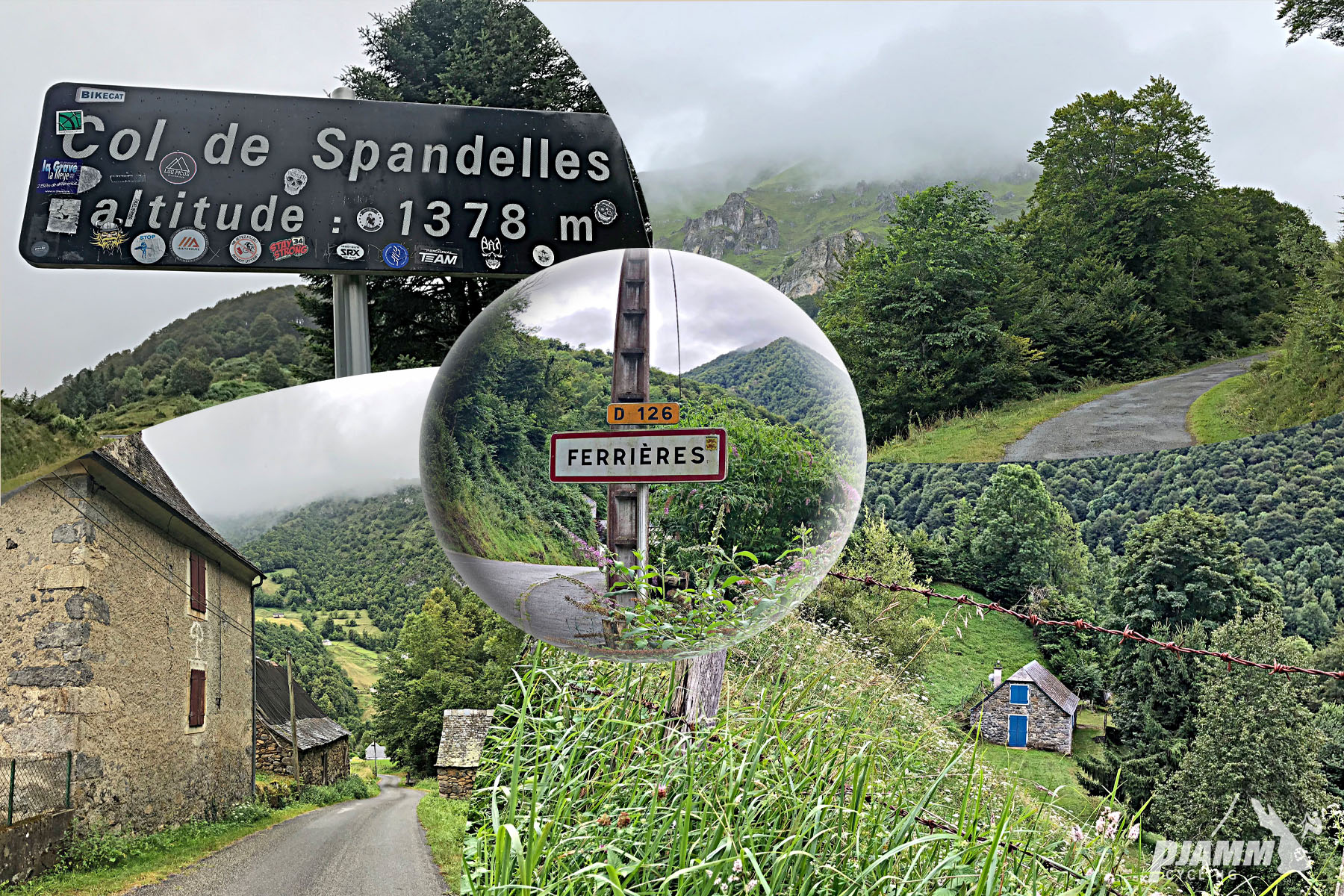 photo collage shows signs for Col de Spandelles, Ferrieres, old stone farm buildings