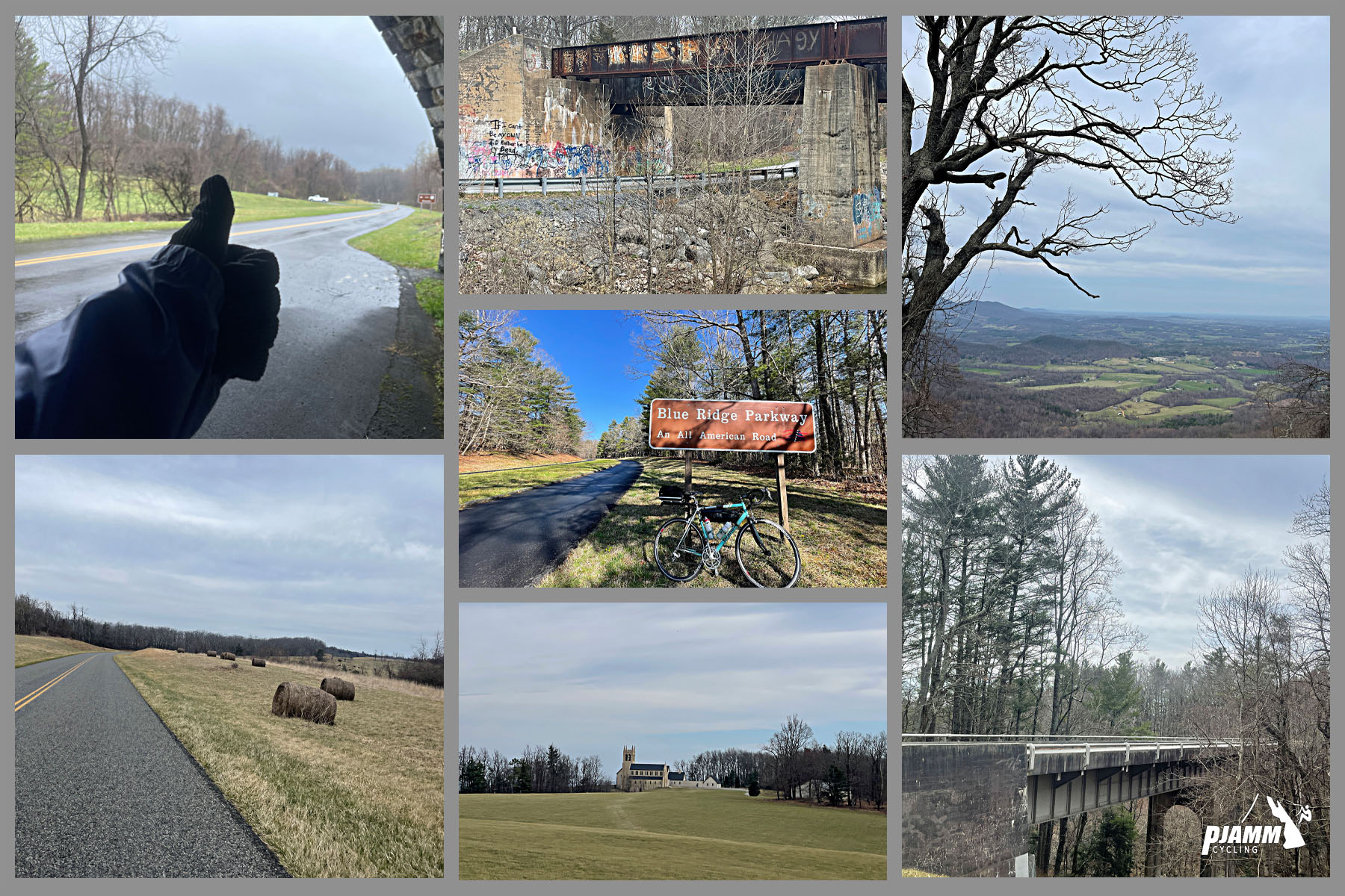 photo collage shows views along the climb from Bent Mountain Lodge to Bedford, Virginia, including train bridges, rolls of hay along roadway, raining, overcast day