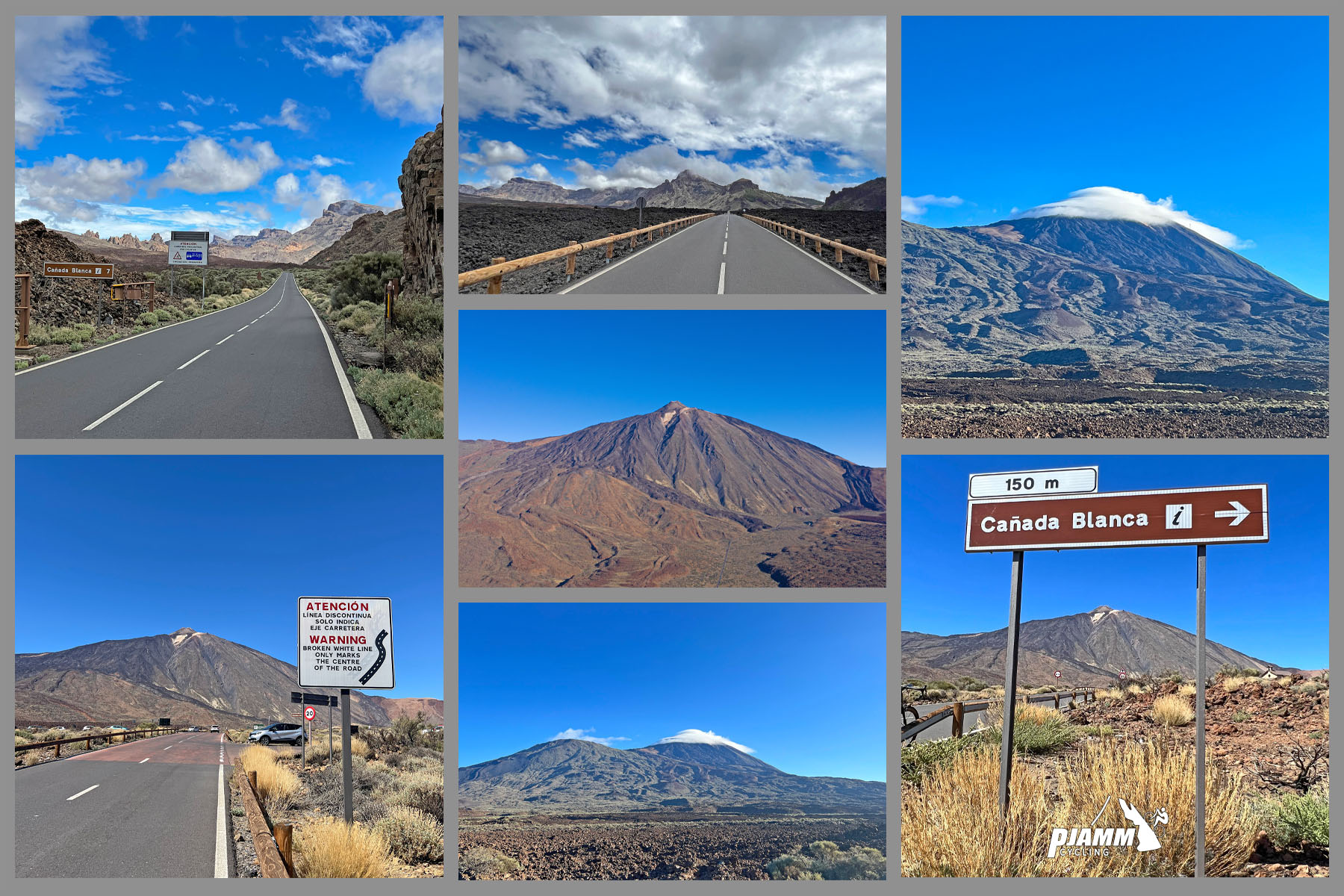 Cycling Mount Teide from Puerto Los Gigantes, Spain photo collage shows highway and mountain formations between climb's finish and the visitor center; sign for Canada Blanca