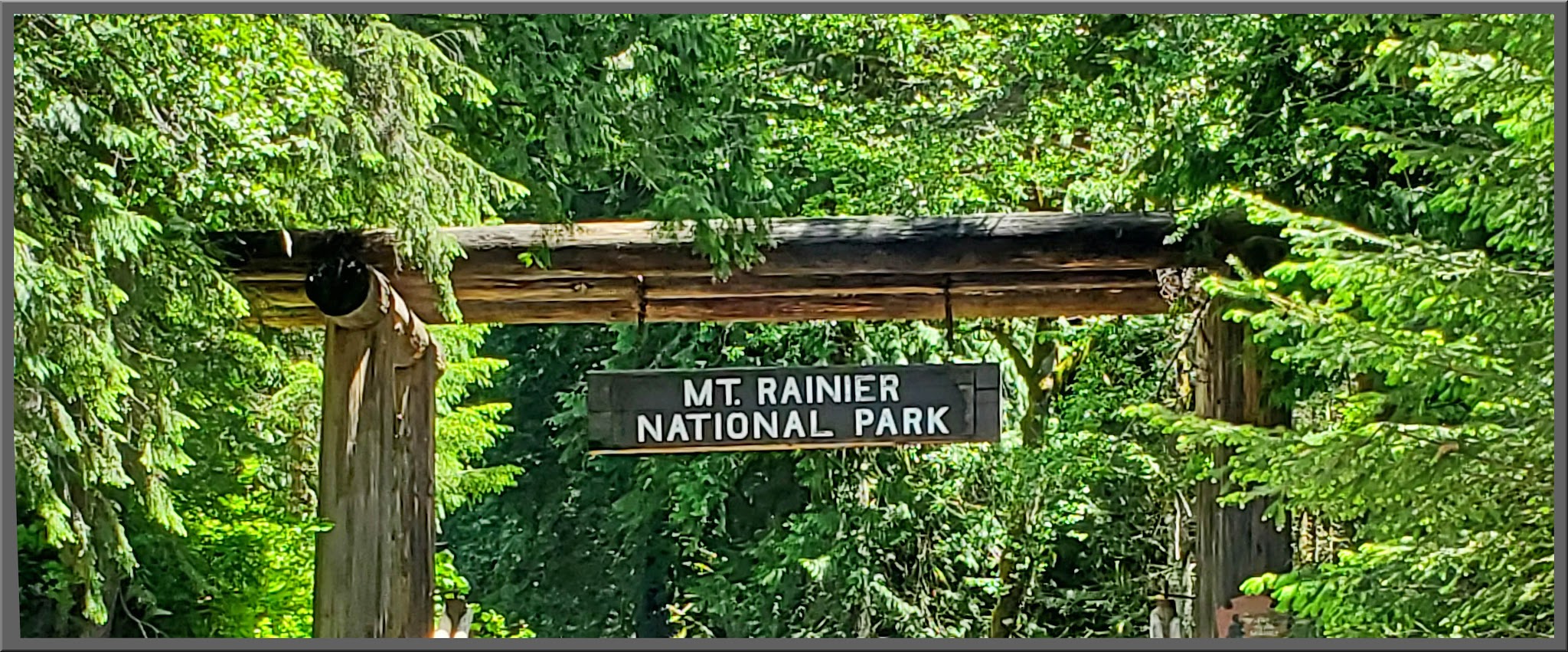 Cycling Mt. Rainier from Nisqually River Entrance - wooden sign hanging above entrance surrounded by trees reads "Mt. Rainier National Park"