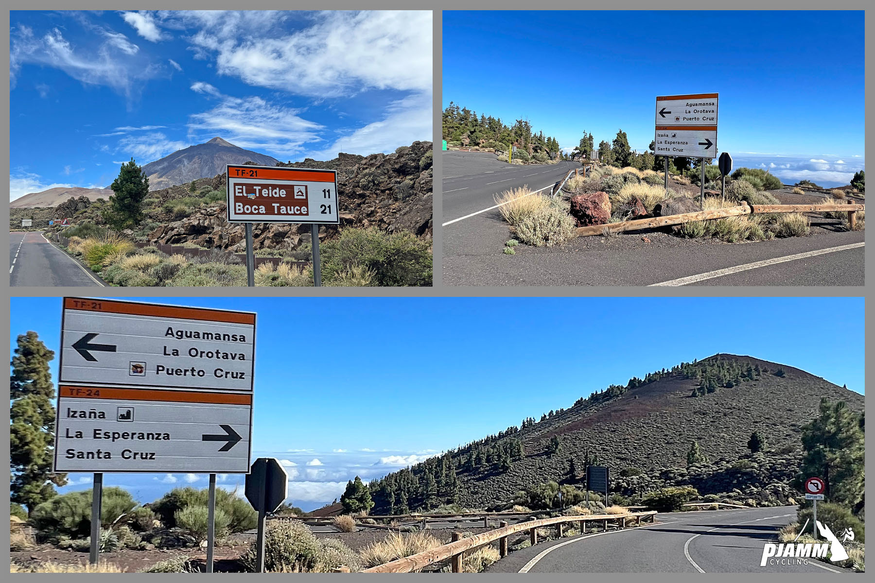 photo collage shows intersection and roadsigns for El Teide, Boca Tauce