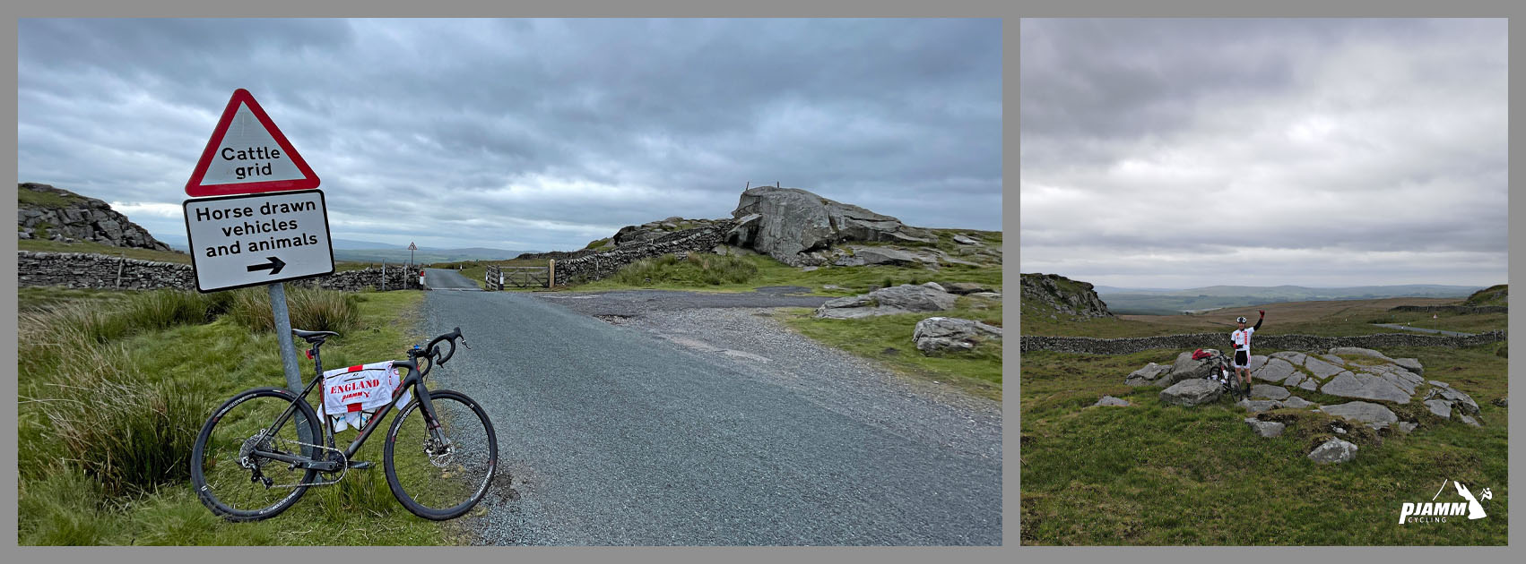 climb finish at boulders in pastureland; bike parked against sign for Cattle Grid; horse drawn vehicles and animals