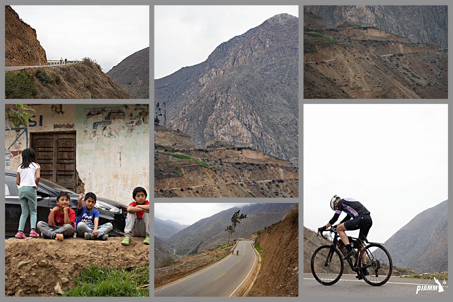 Cycling Punta Callan East, Peru - photo collage, four Peruvian children sit outside and give thumbs up to PJAMM Cyclists, climb views include steep cliffs and bold rock faces 